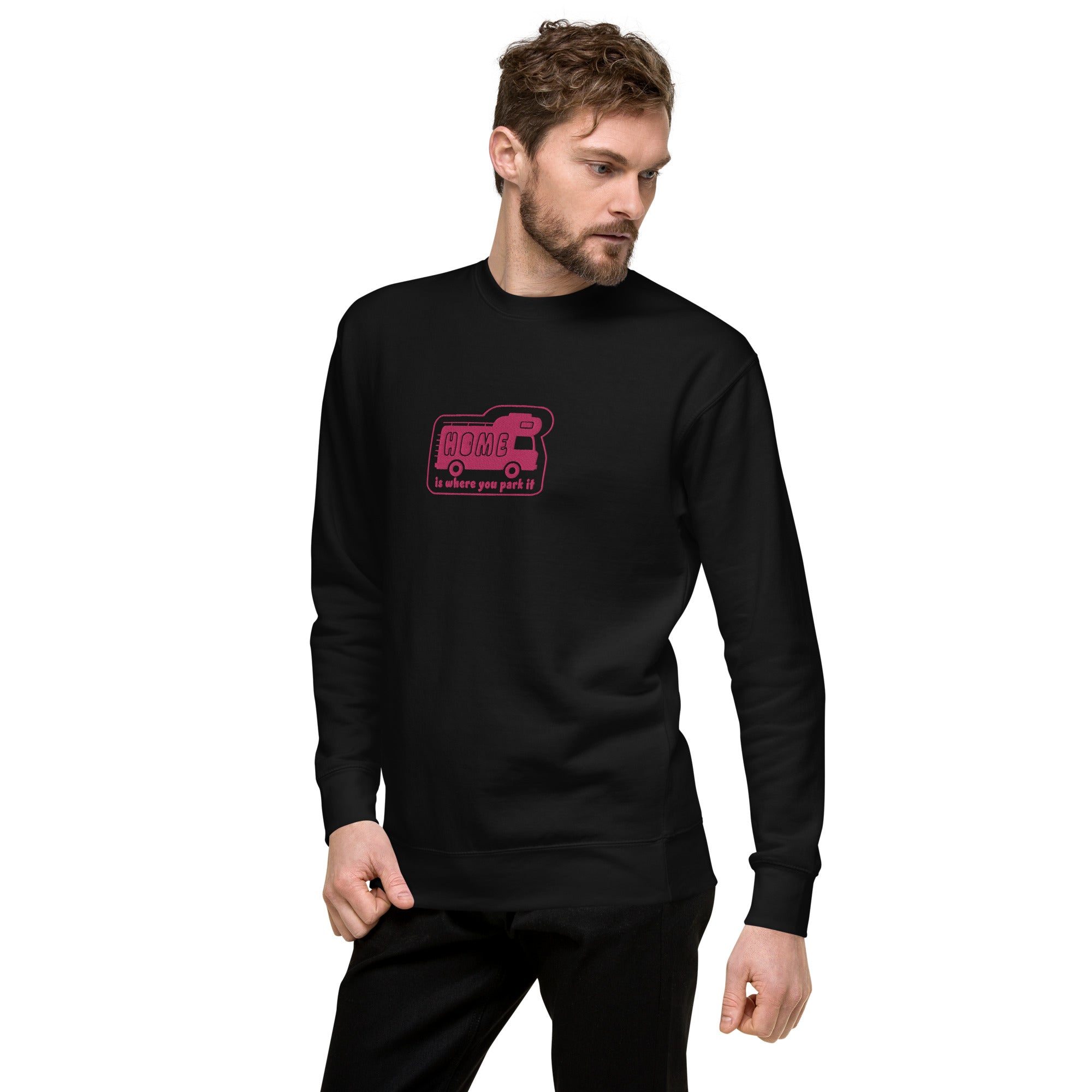 Unisex Premium Sweatshirt Bold Camper Van Home is where you park it flamingo embroidered pattern