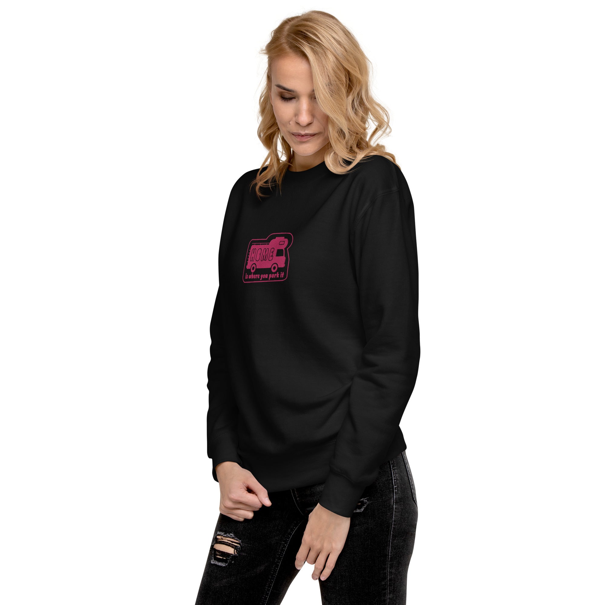 Unisex Premium Sweatshirt Bold Camper Van Home is where you park it flamingo embroidered pattern