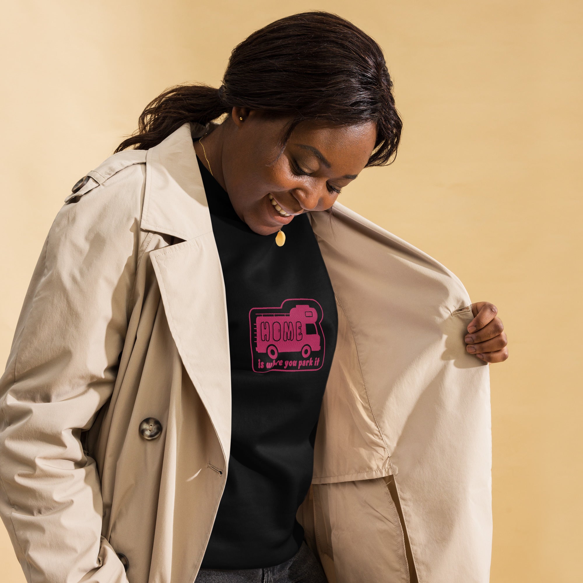 Unisex Premium Sweatshirt Bold Camper Van Home is where you park it flamingo embroidered pattern