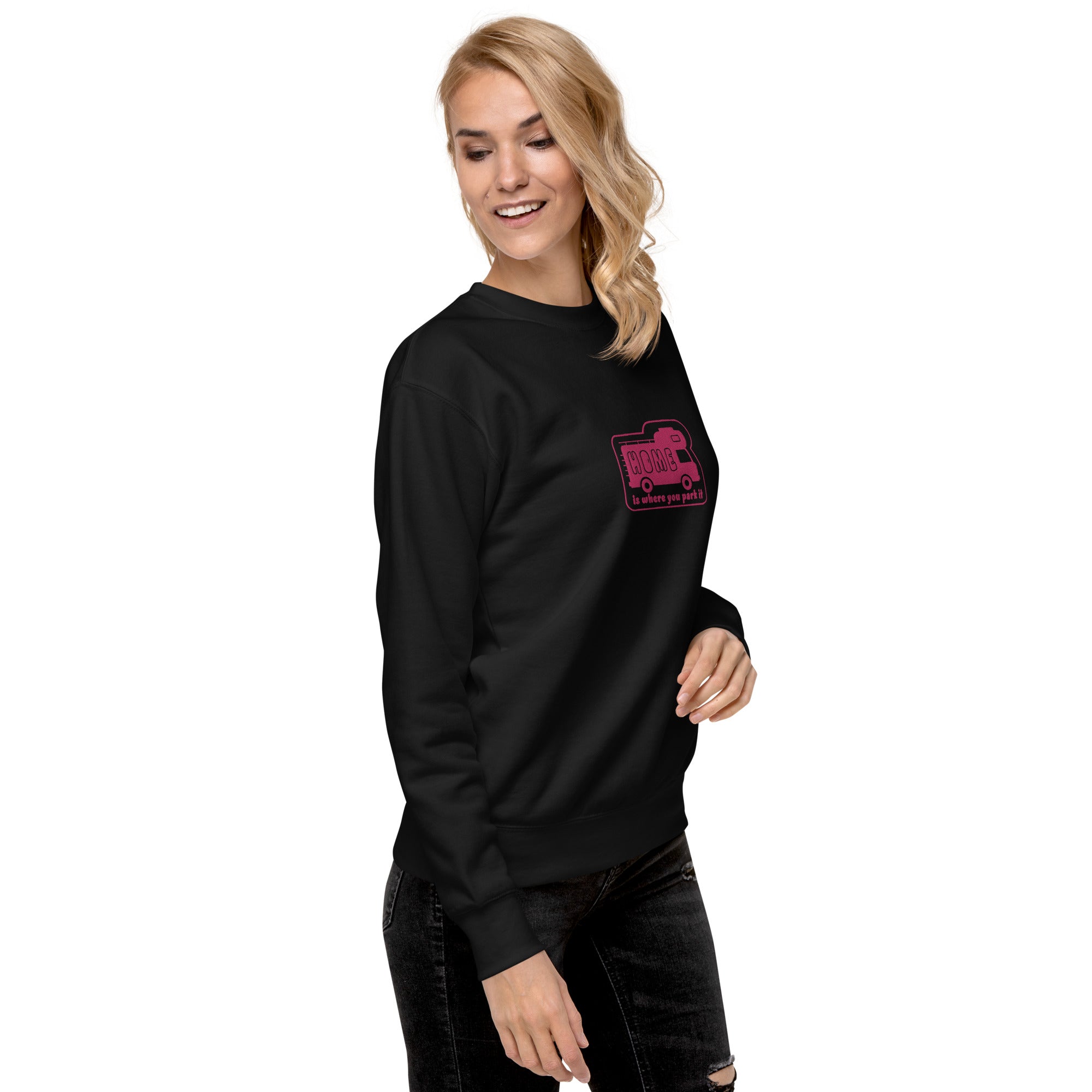 Unisex Premium Sweatshirt Bold Camper Van Home is where you park it flamingo embroidered pattern