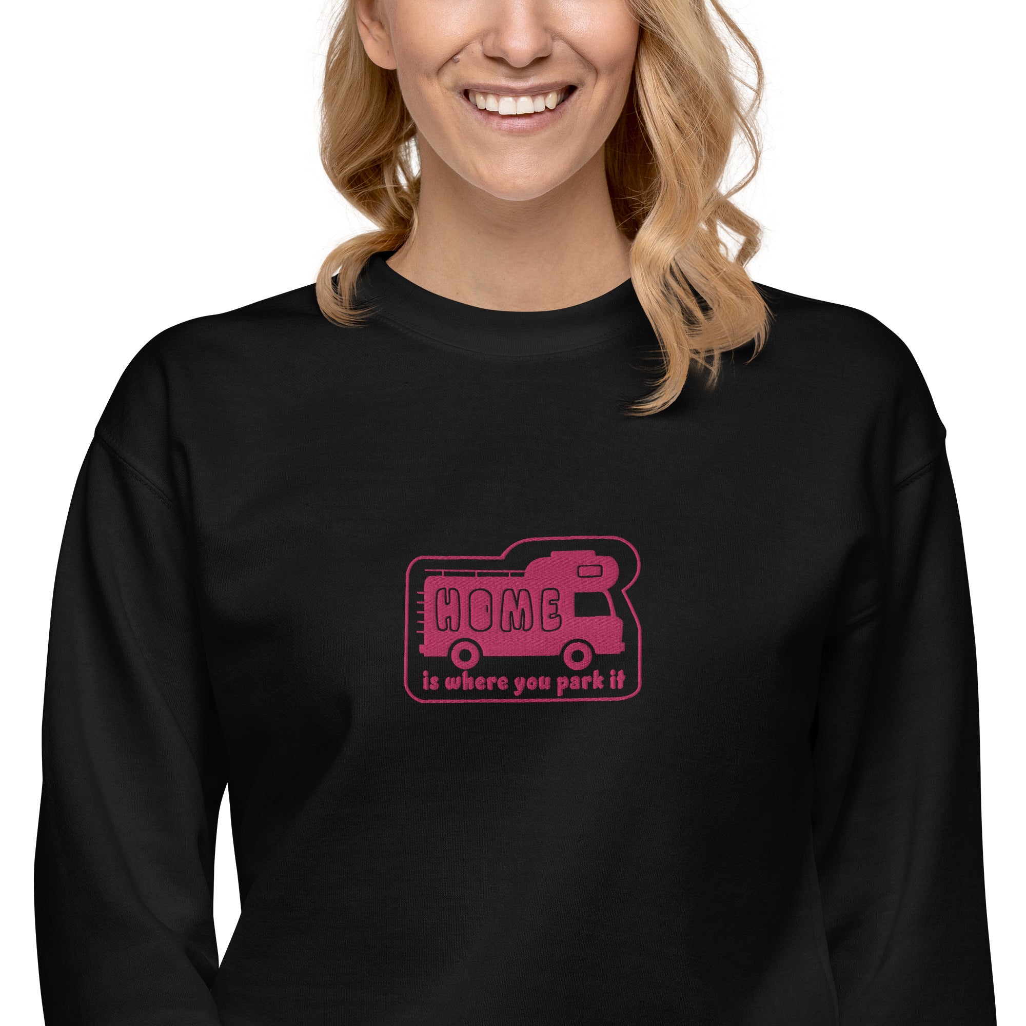Unisex Premium Sweatshirt Bold Camper Van Home is where you park it flamingo embroidered pattern