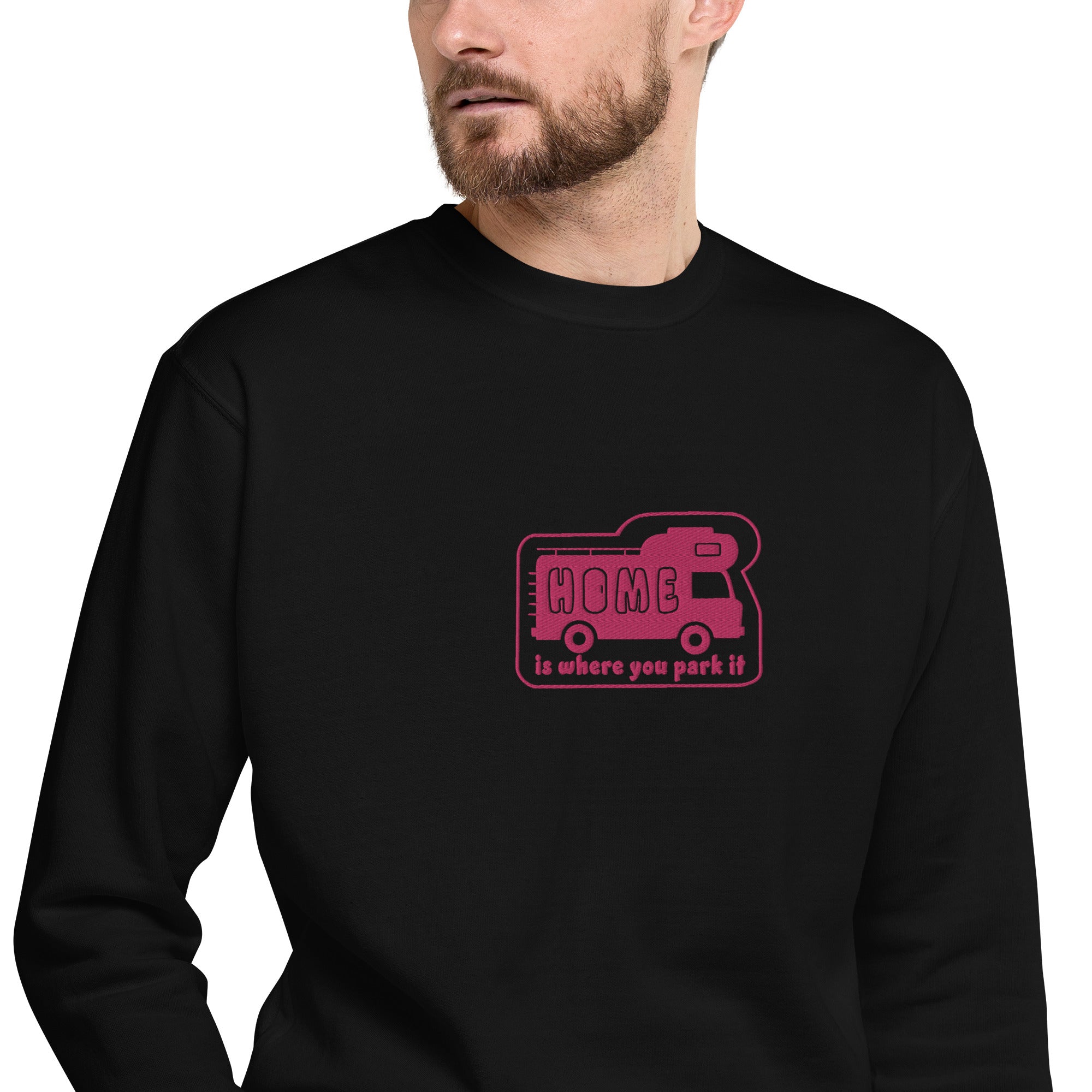 Unisex Premium Sweatshirt Bold Camper Van Home is where you park it flamingo embroidered pattern