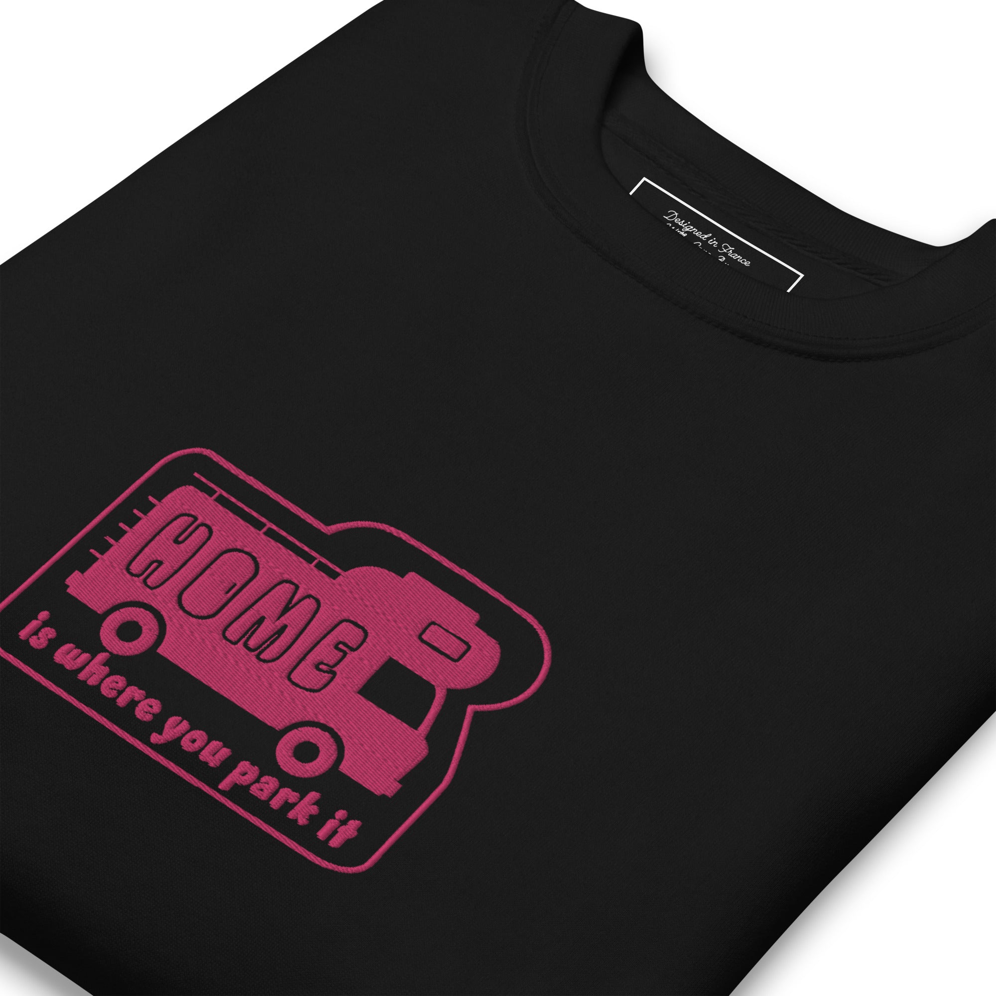 Unisex Premium Sweatshirt Bold Camper Van Home is where you park it flamingo embroidered pattern