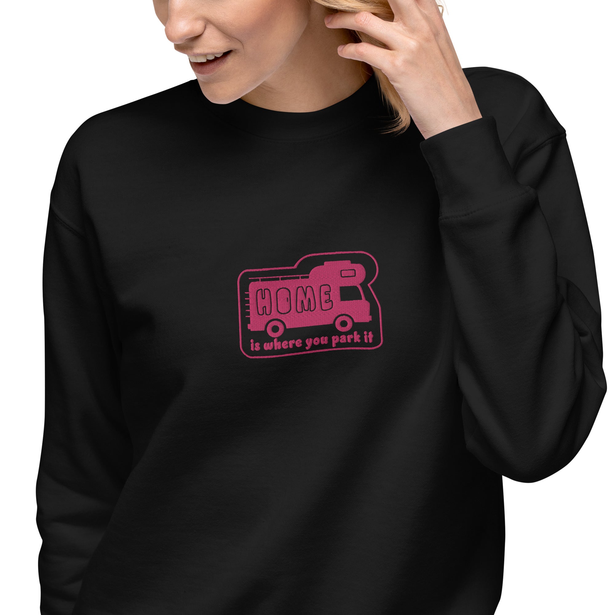 Unisex Premium Sweatshirt Bold Camper Van Home is where you park it flamingo embroidered pattern
