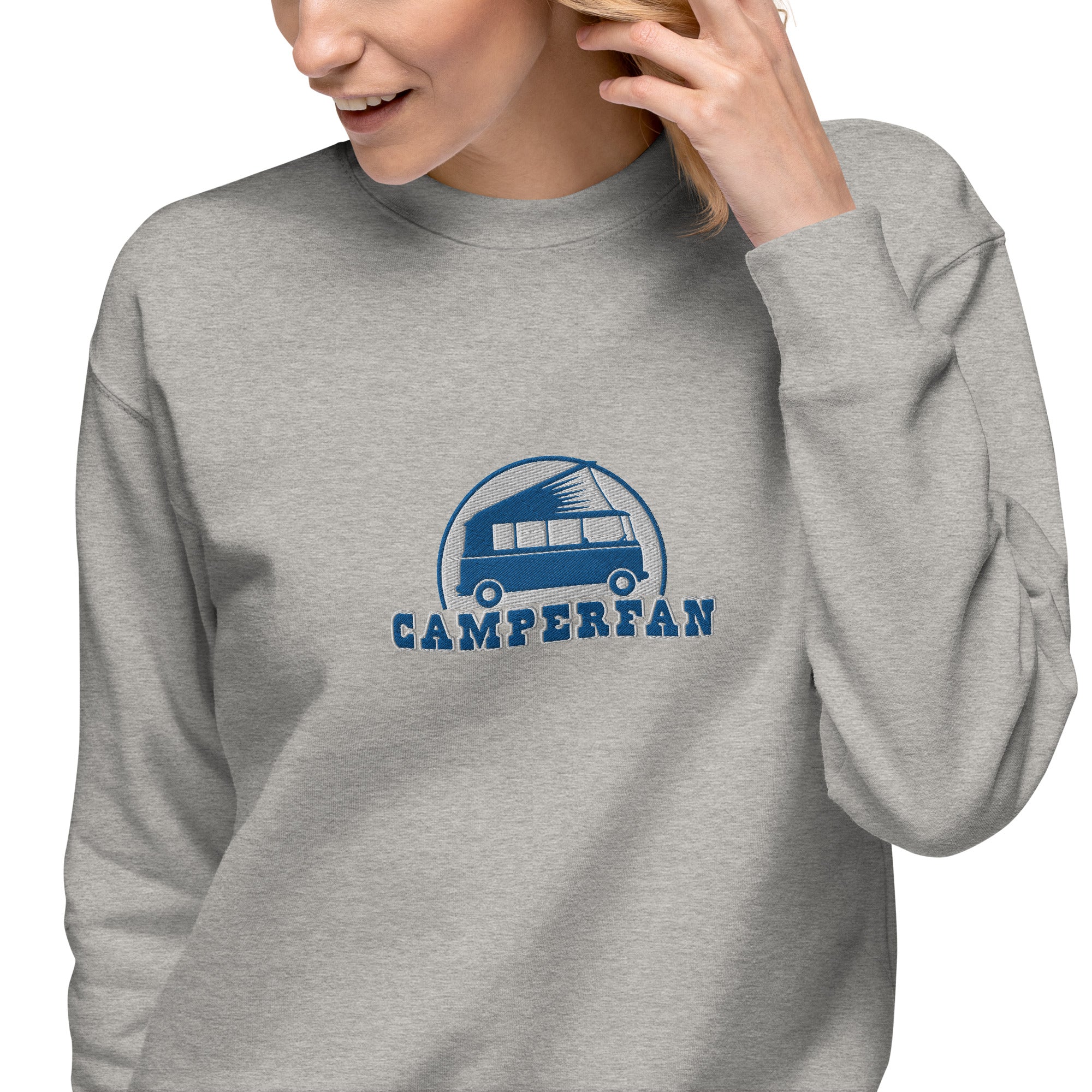 Unisex Premium Sweatshirt Camperfan large blue/white embroidered pattern