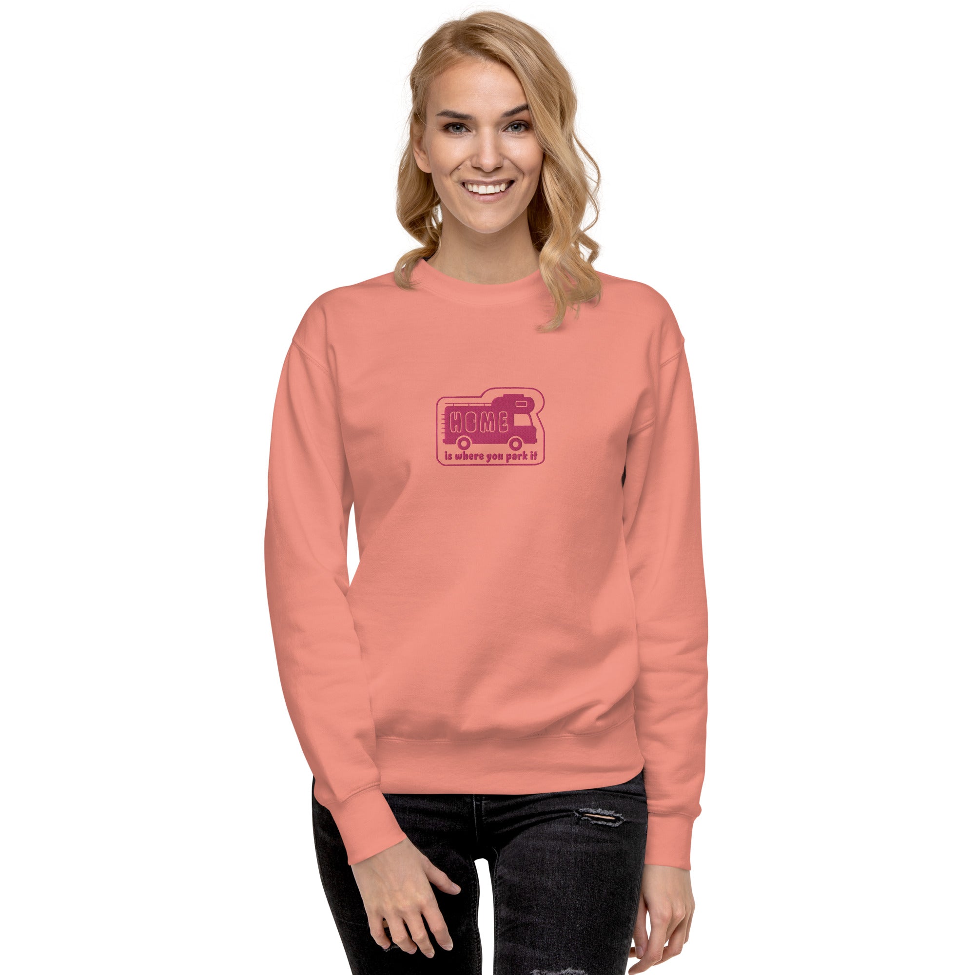 Unisex Premium Sweatshirt Bold Camper Van Home is where you park it flamingo embroidered pattern