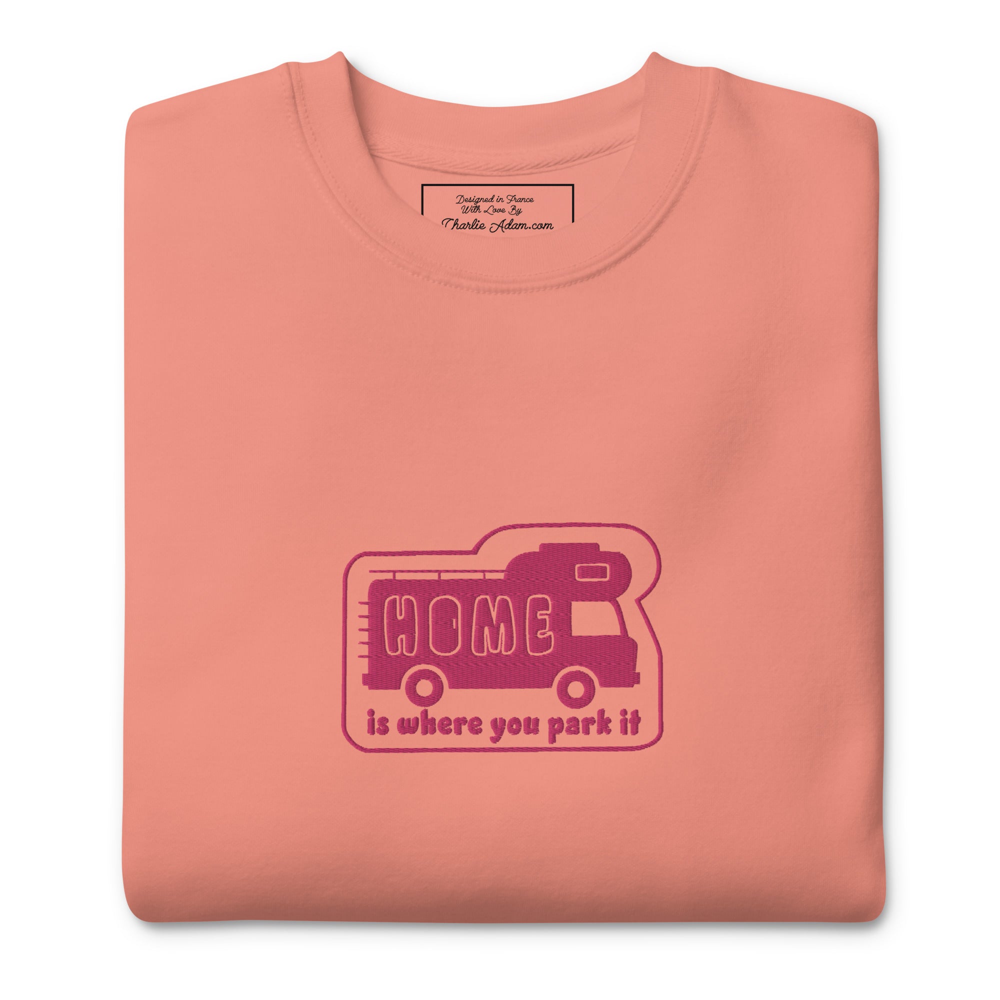 Unisex Premium Sweatshirt Bold Camper Van Home is where you park it flamingo embroidered pattern