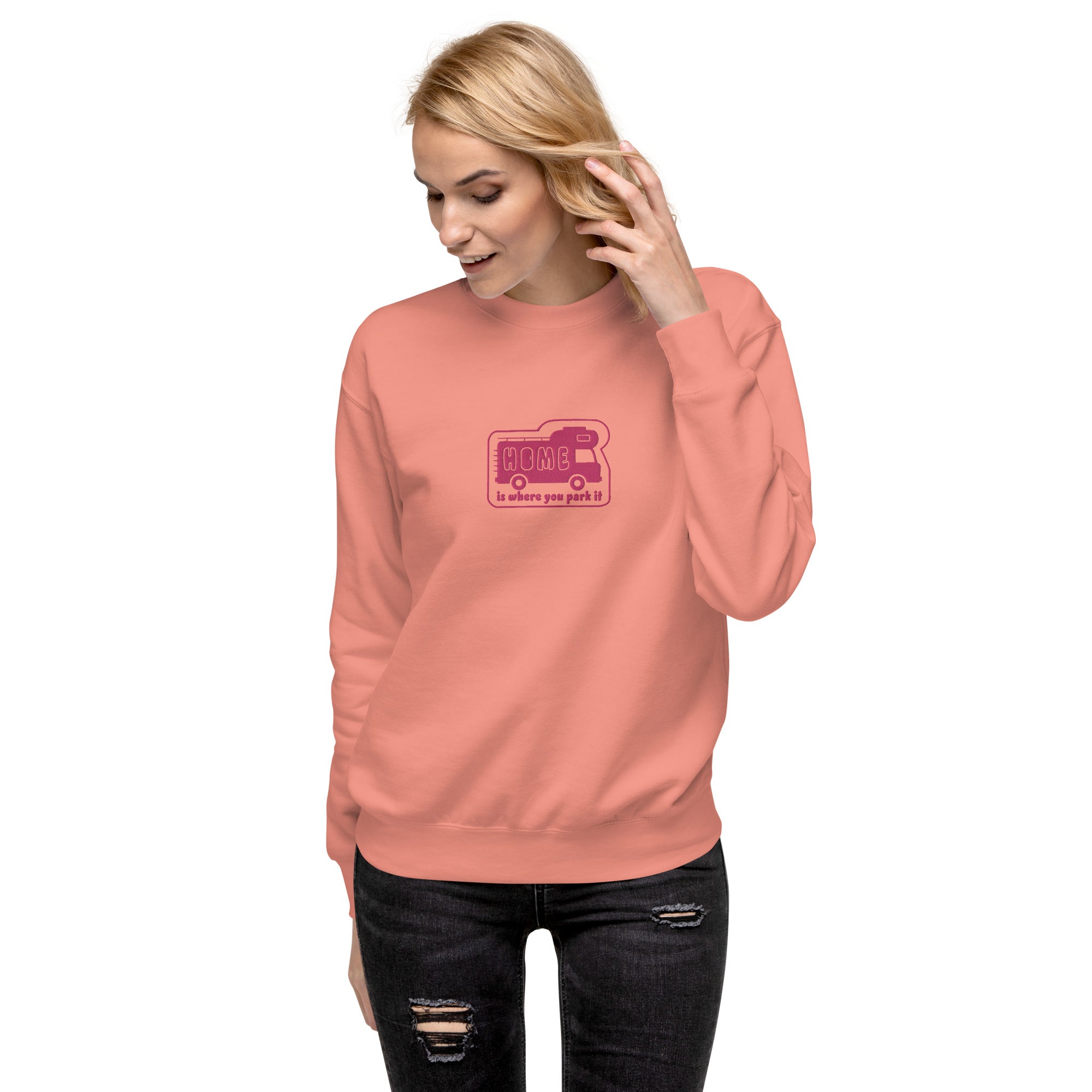 Unisex Premium Sweatshirt Bold Camper Van Home is where you park it flamingo embroidered pattern