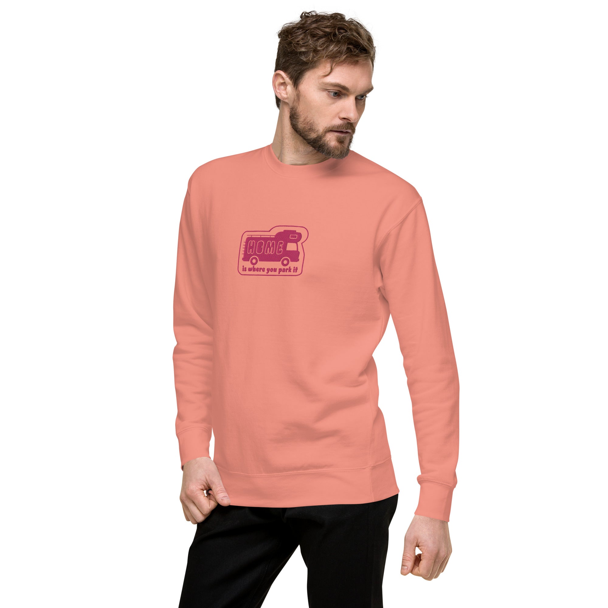 Unisex Premium Sweatshirt Bold Camper Van Home is where you park it flamingo embroidered pattern