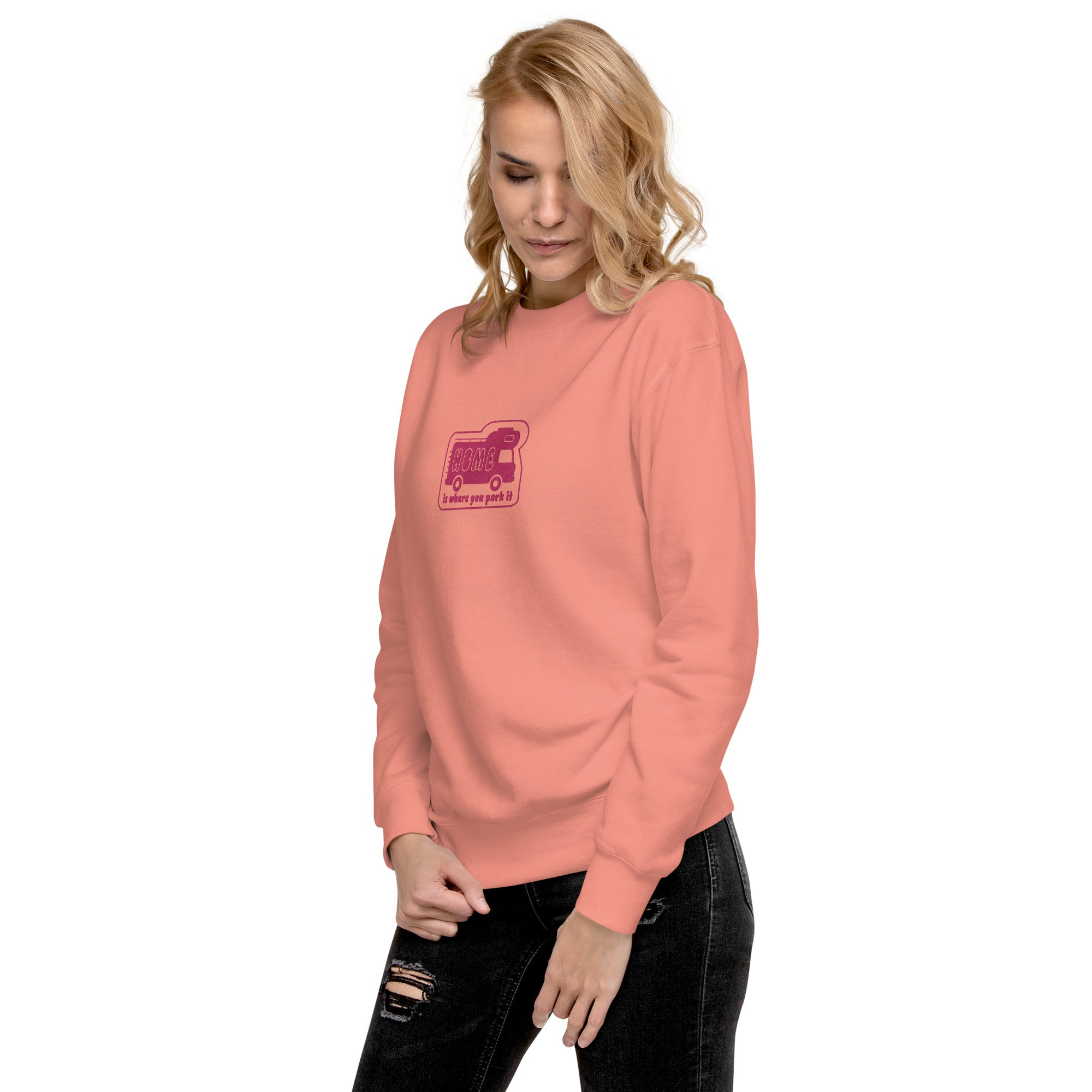 Unisex Premium Sweatshirt Bold Camper Van Home is where you park it flamingo embroidered pattern