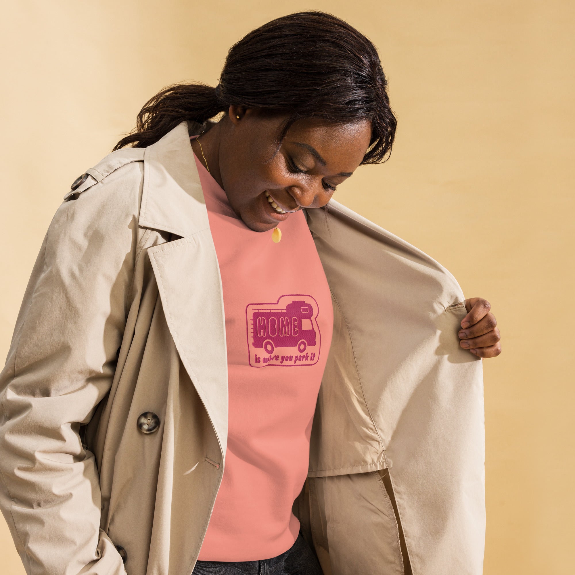 Unisex Premium Sweatshirt Bold Camper Van Home is where you park it flamingo embroidered pattern