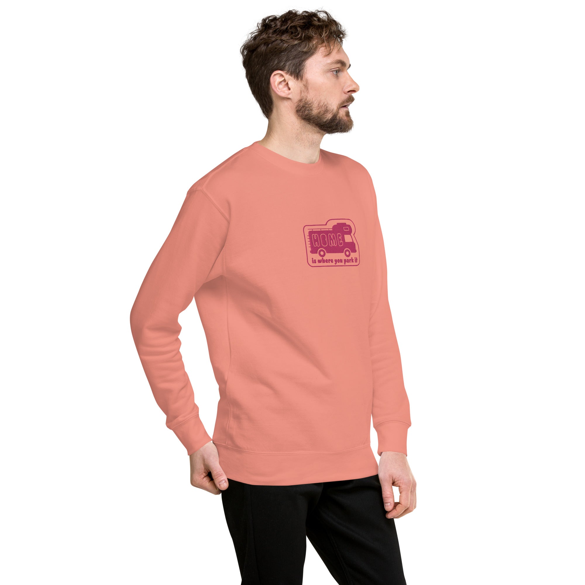 Unisex Premium Sweatshirt Bold Camper Van Home is where you park it flamingo embroidered pattern