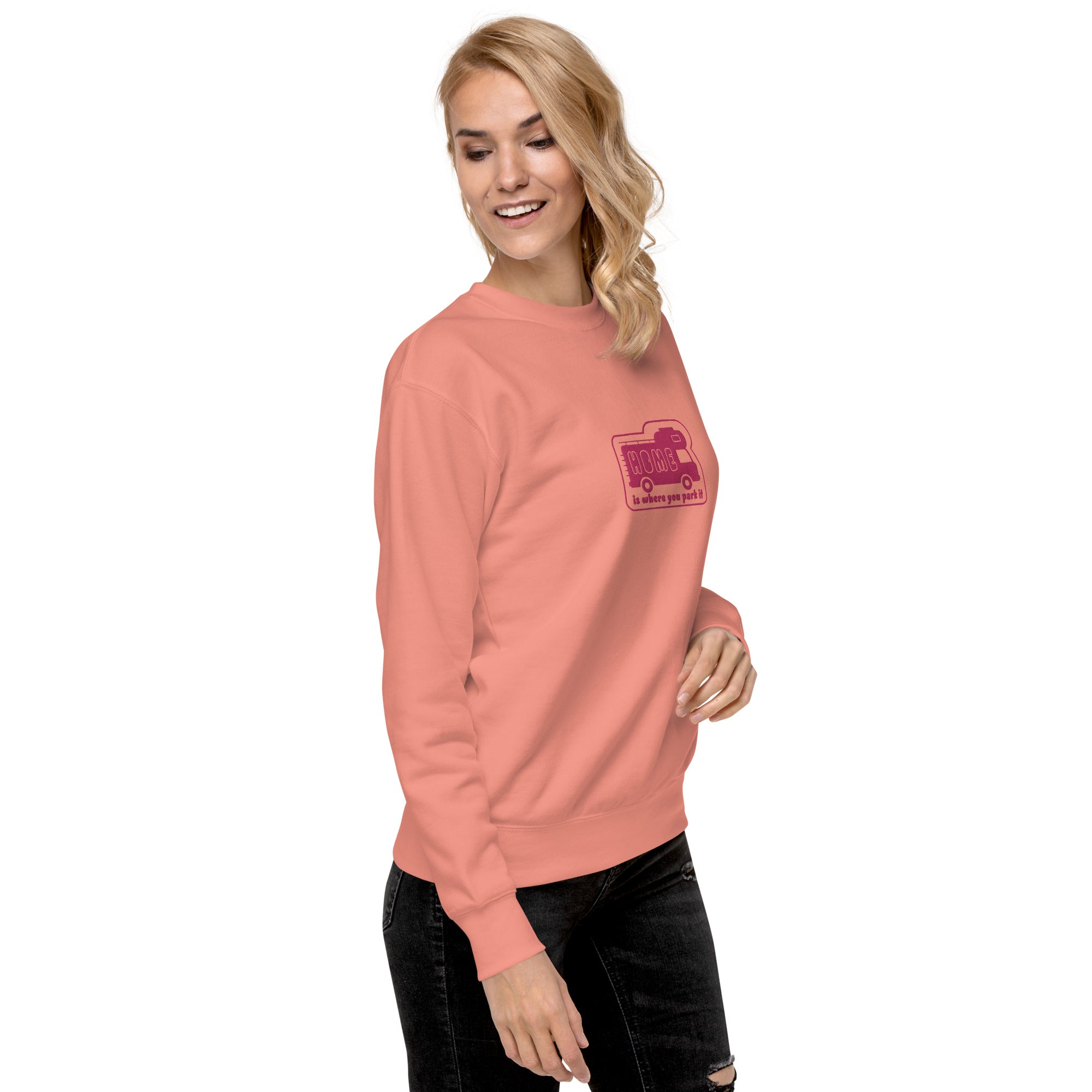 Unisex Premium Sweatshirt Bold Camper Van Home is where you park it flamingo embroidered pattern