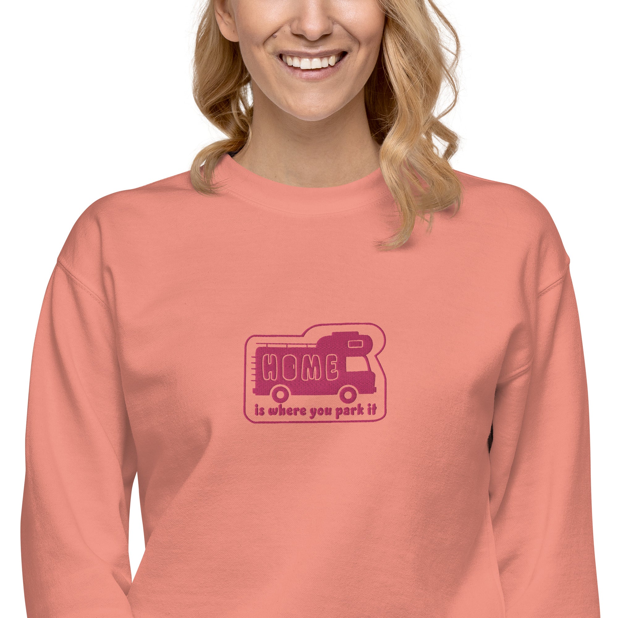 Unisex Premium Sweatshirt Bold Camper Van Home is where you park it flamingo embroidered pattern