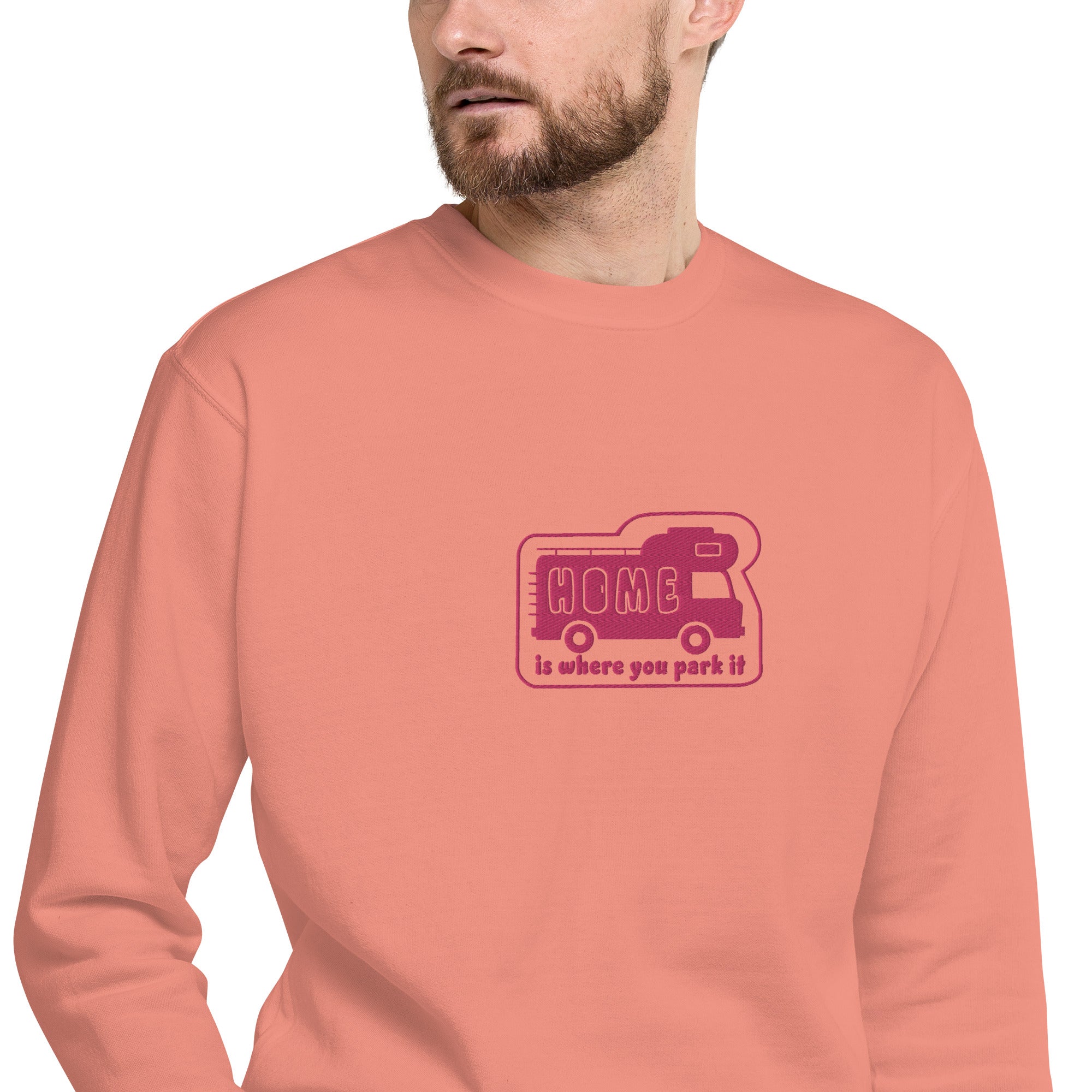 Unisex Premium Sweatshirt Bold Camper Van Home is where you park it flamingo embroidered pattern