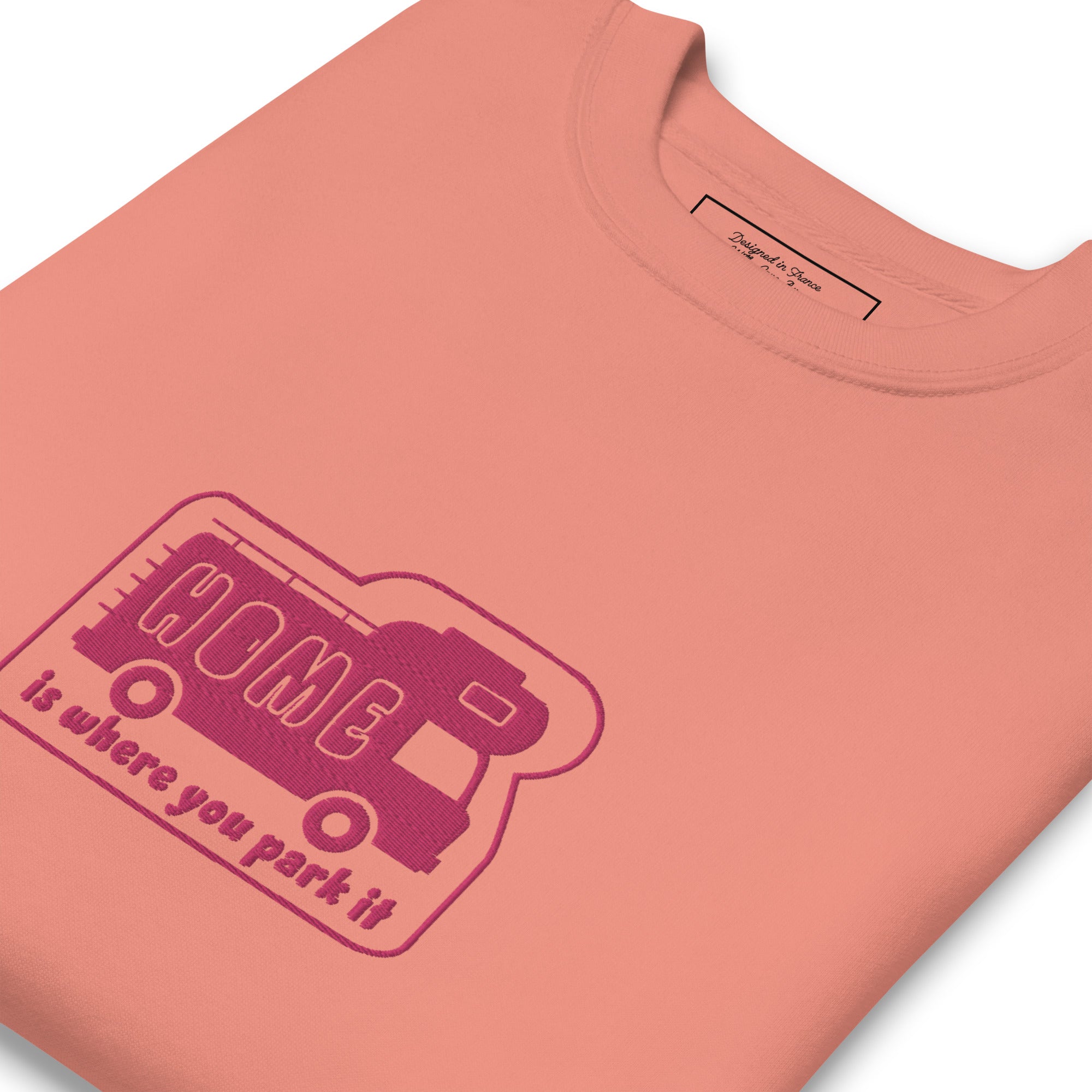 Unisex Premium Sweatshirt Bold Camper Van Home is where you park it flamingo embroidered pattern