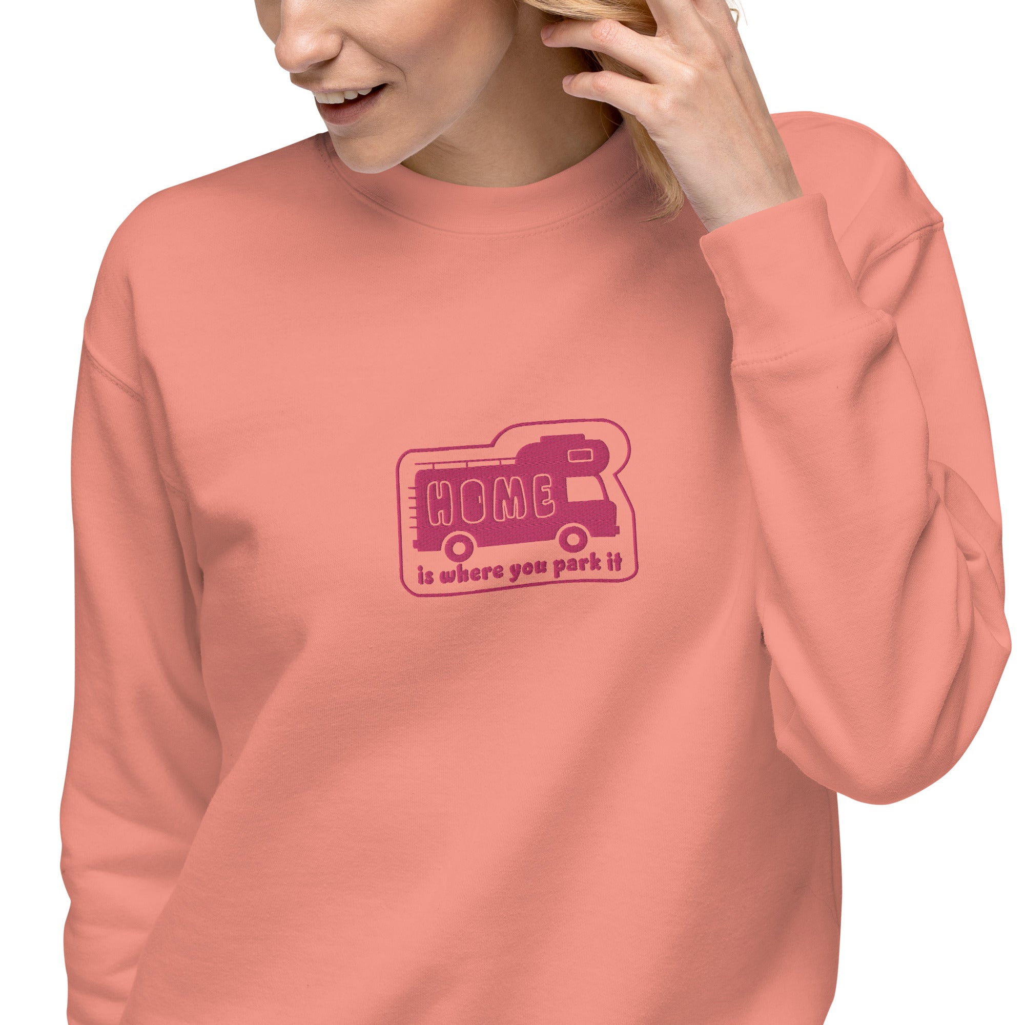 Unisex Premium Sweatshirt Bold Camper Van Home is where you park it flamingo embroidered pattern