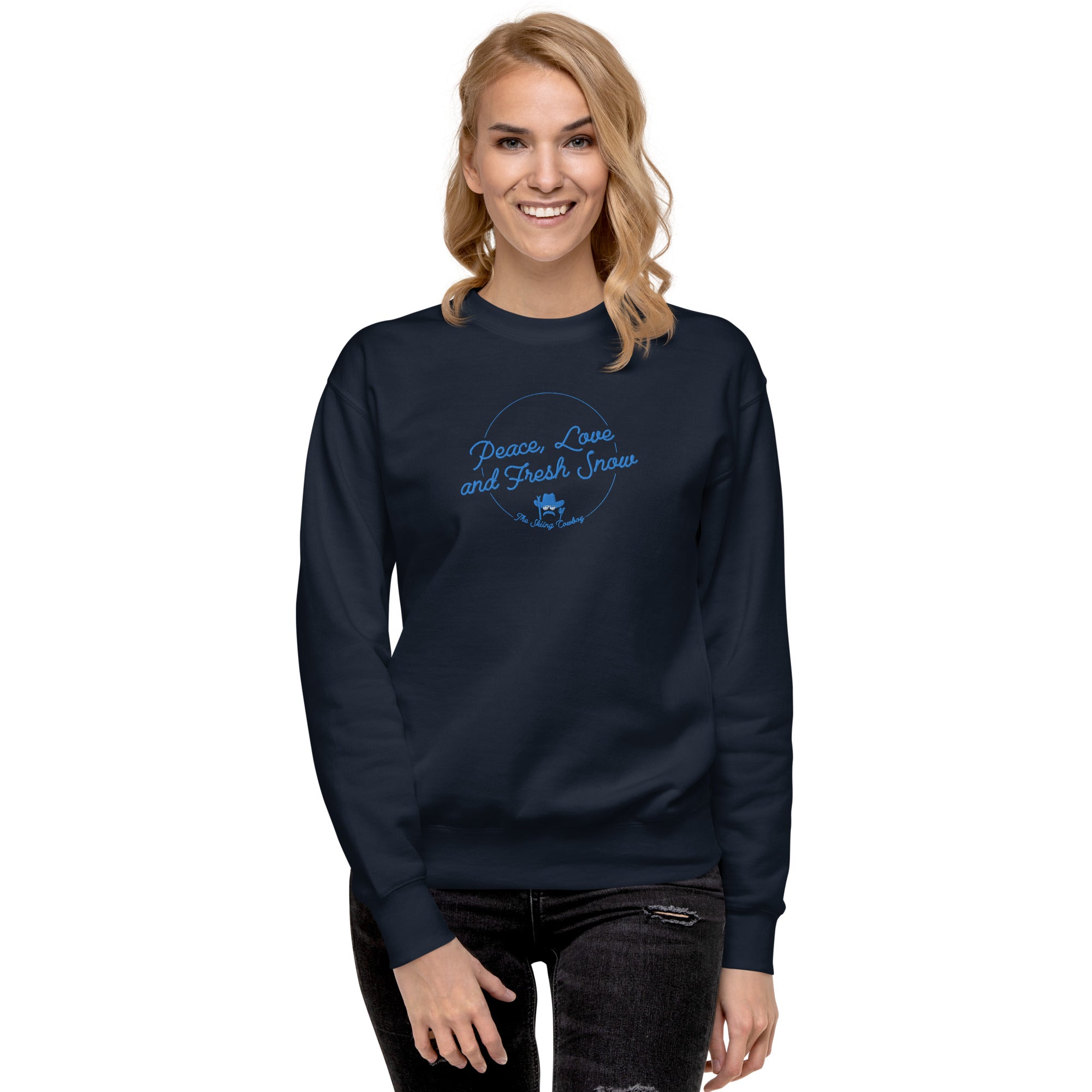 Sweatshirt premium unisexe Peace, Love and Fresh Snow brodé