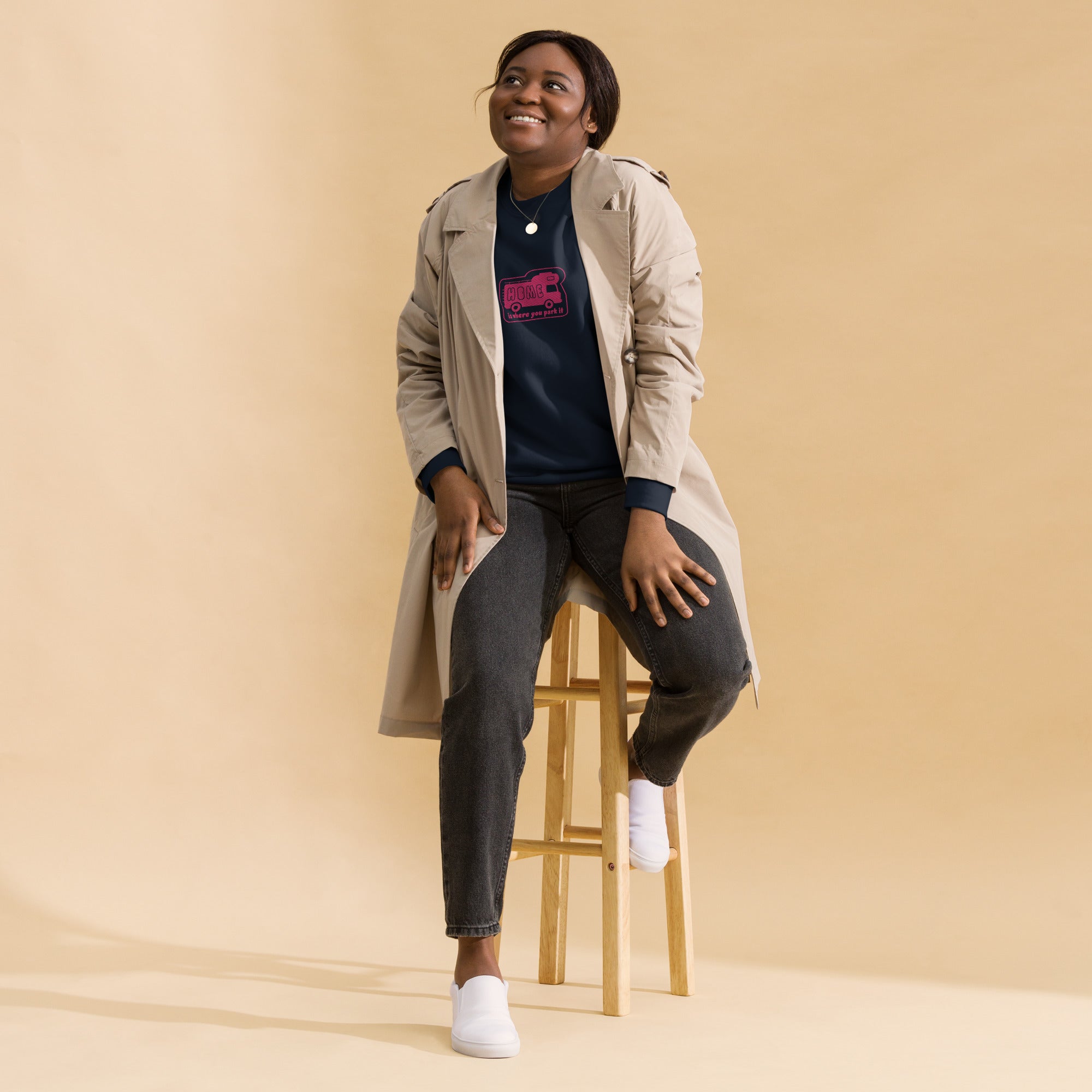 Unisex Premium Sweatshirt Bold Camper Van Home is where you park it flamingo embroidered pattern