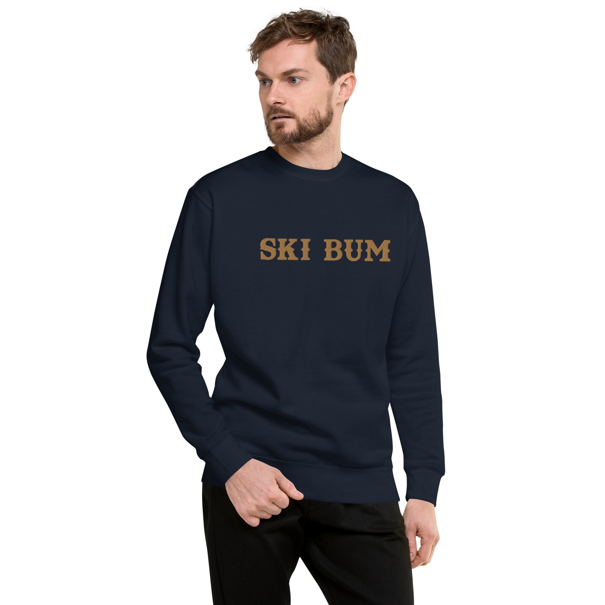 Unisex Premium Sweatshirt Ski Bum Old Gold large embroidered pattern