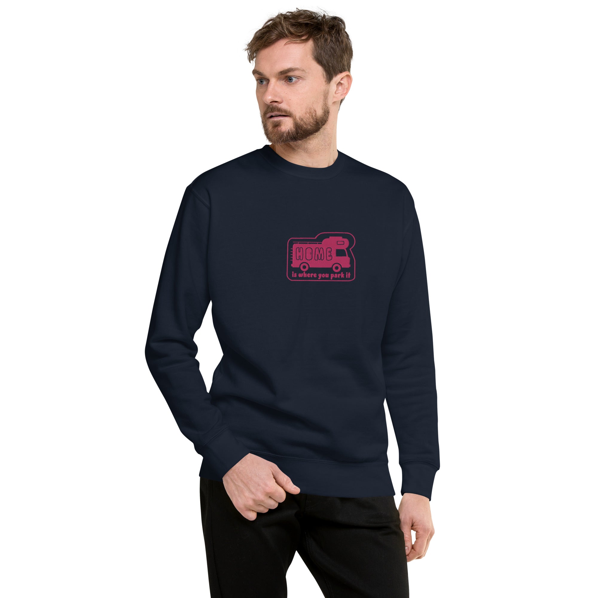 Unisex Premium Sweatshirt Bold Camper Van Home is where you park it flamingo embroidered pattern
