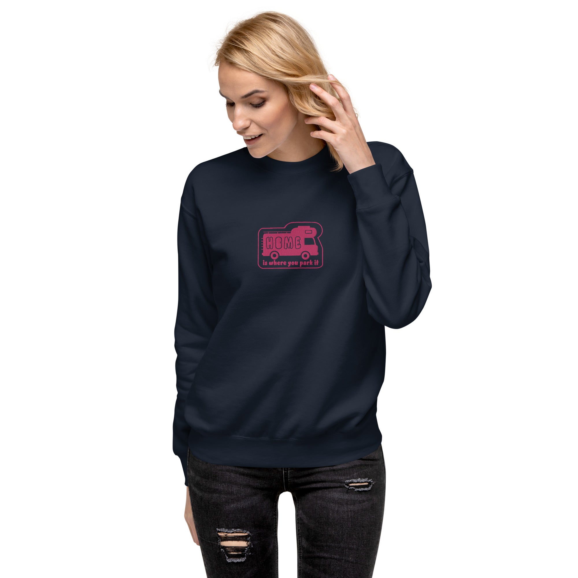 Unisex Premium Sweatshirt Bold Camper Van Home is where you park it flamingo embroidered pattern