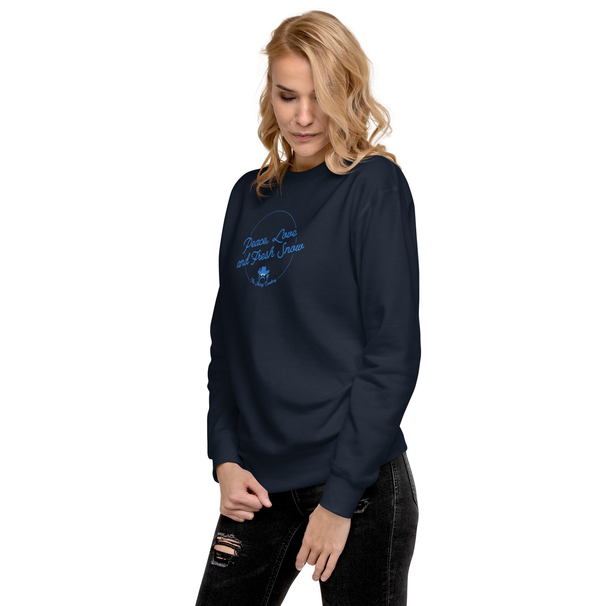 Sweatshirt premium unisexe Peace, Love and Fresh Snow brodé