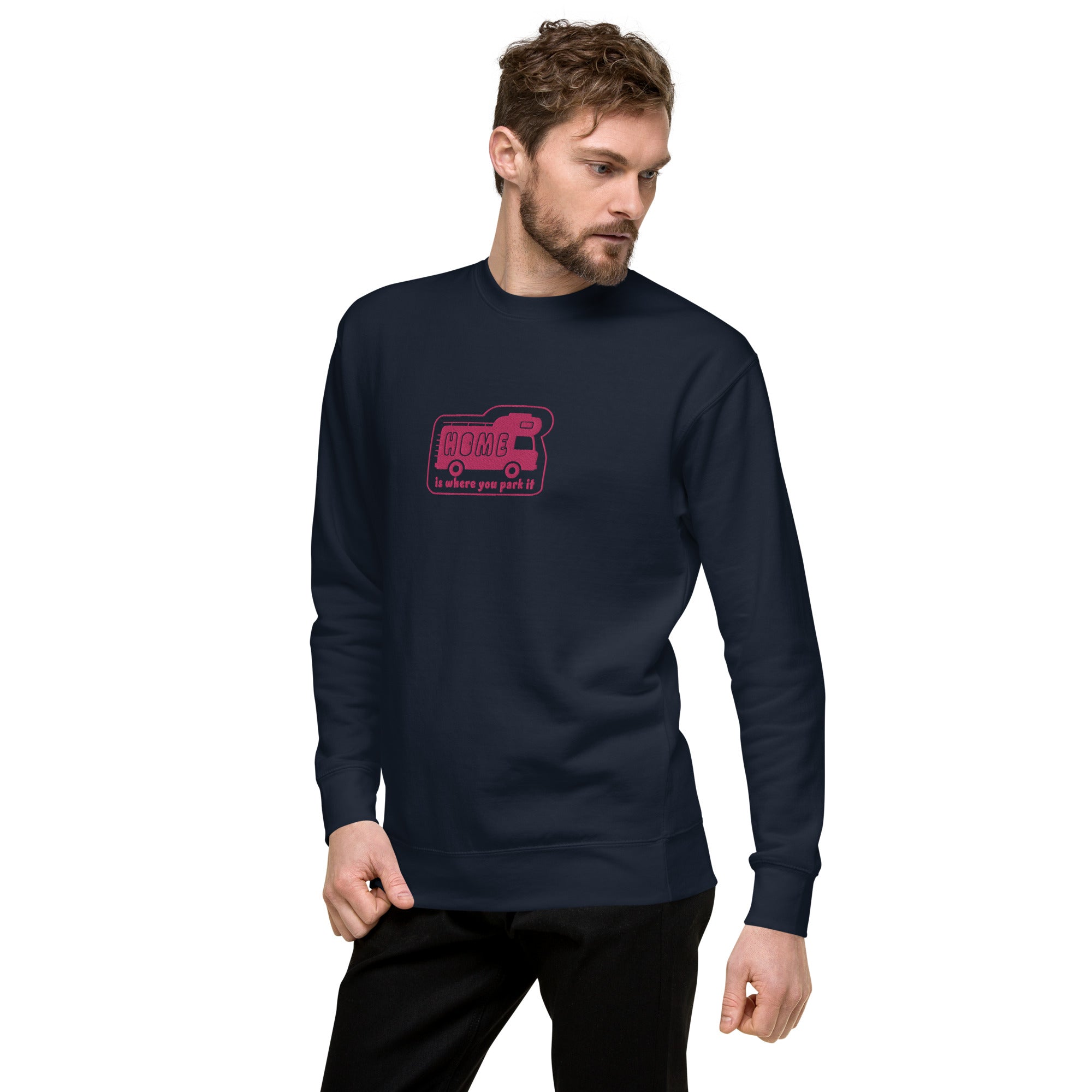Unisex Premium Sweatshirt Bold Camper Van Home is where you park it flamingo embroidered pattern