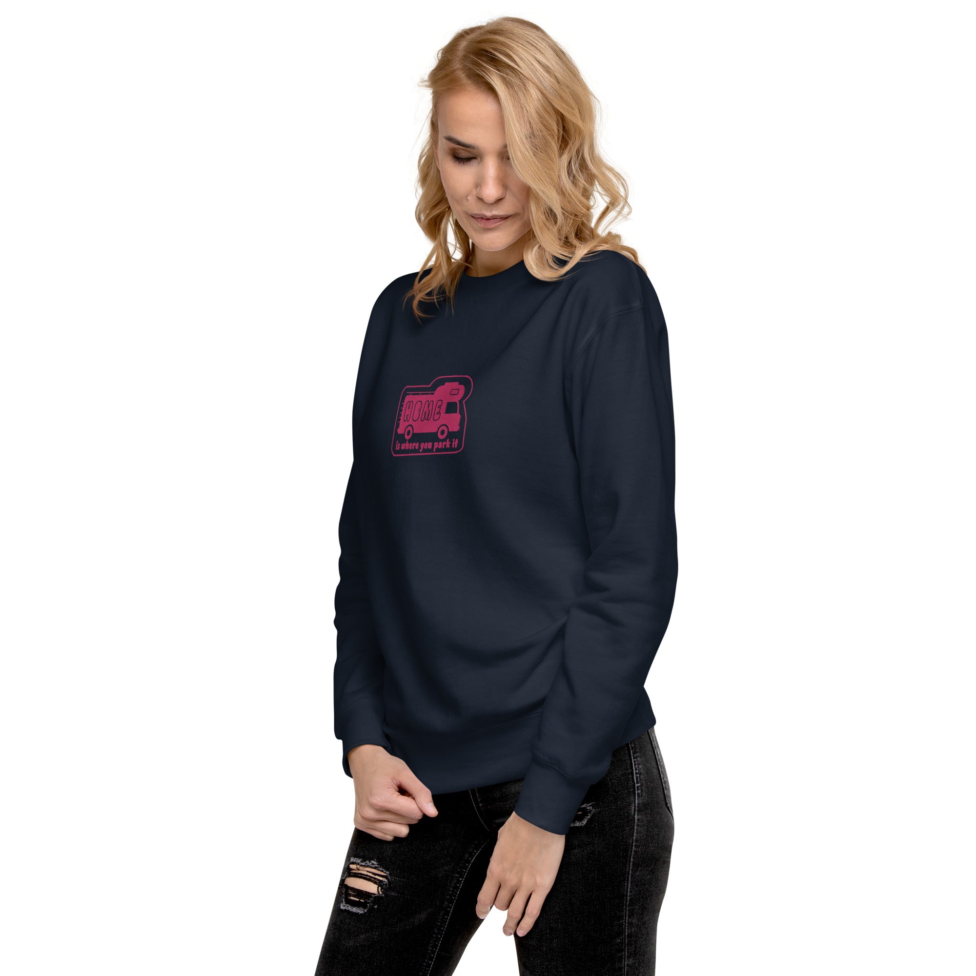 Unisex Premium Sweatshirt Bold Camper Van Home is where you park it flamingo embroidered pattern