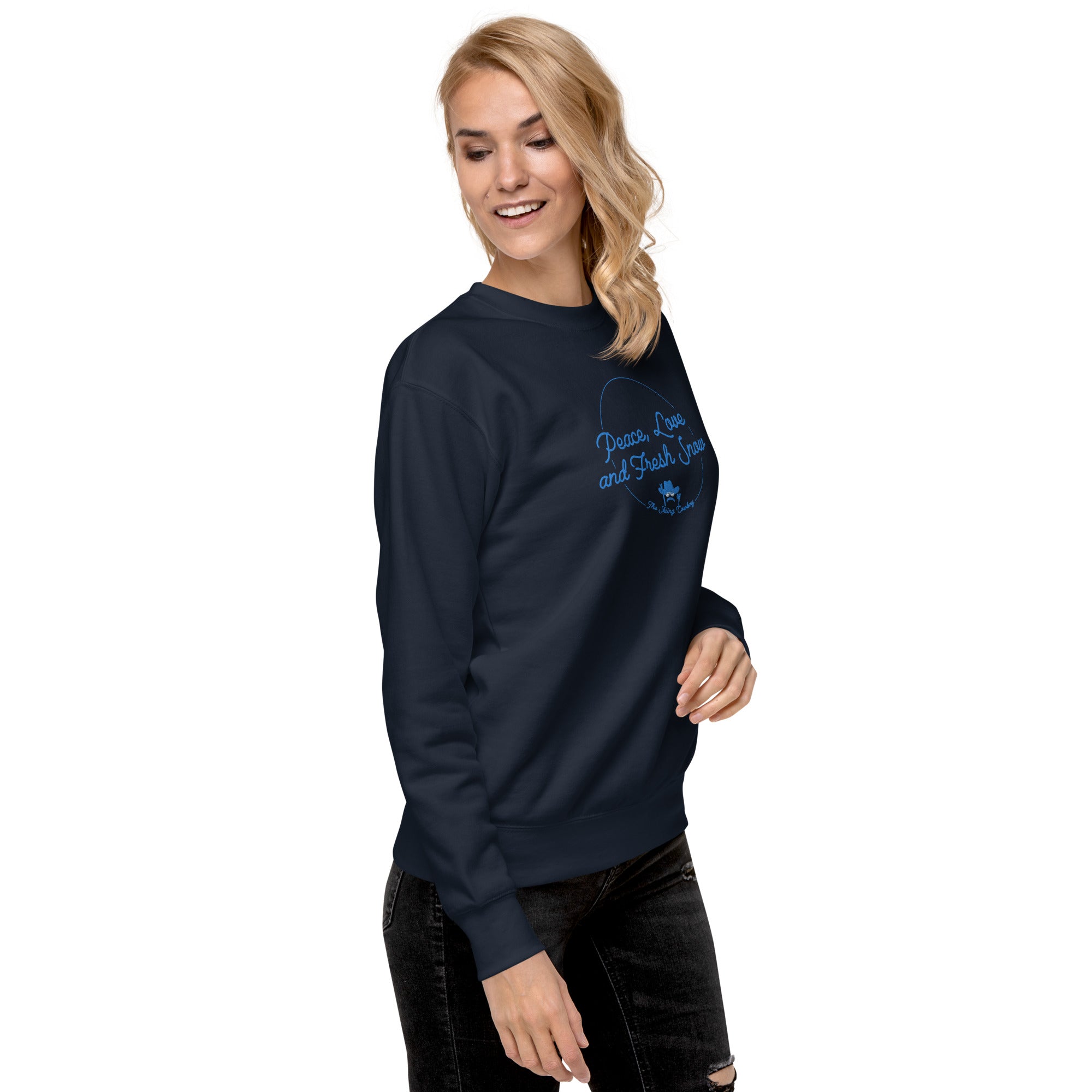 Sweatshirt premium unisexe Peace, Love and Fresh Snow brodé