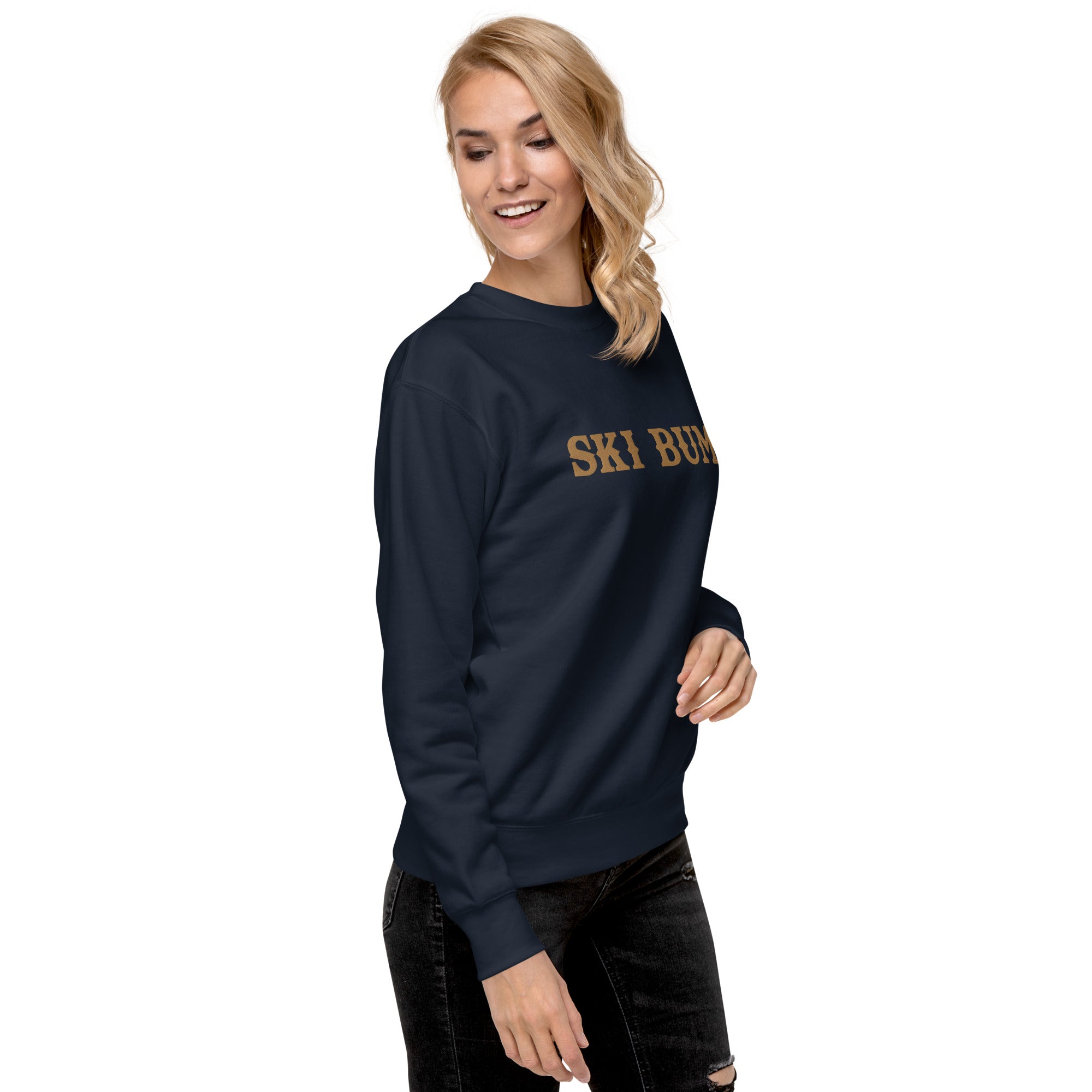 Unisex Premium Sweatshirt Ski Bum Old Gold large embroidered pattern