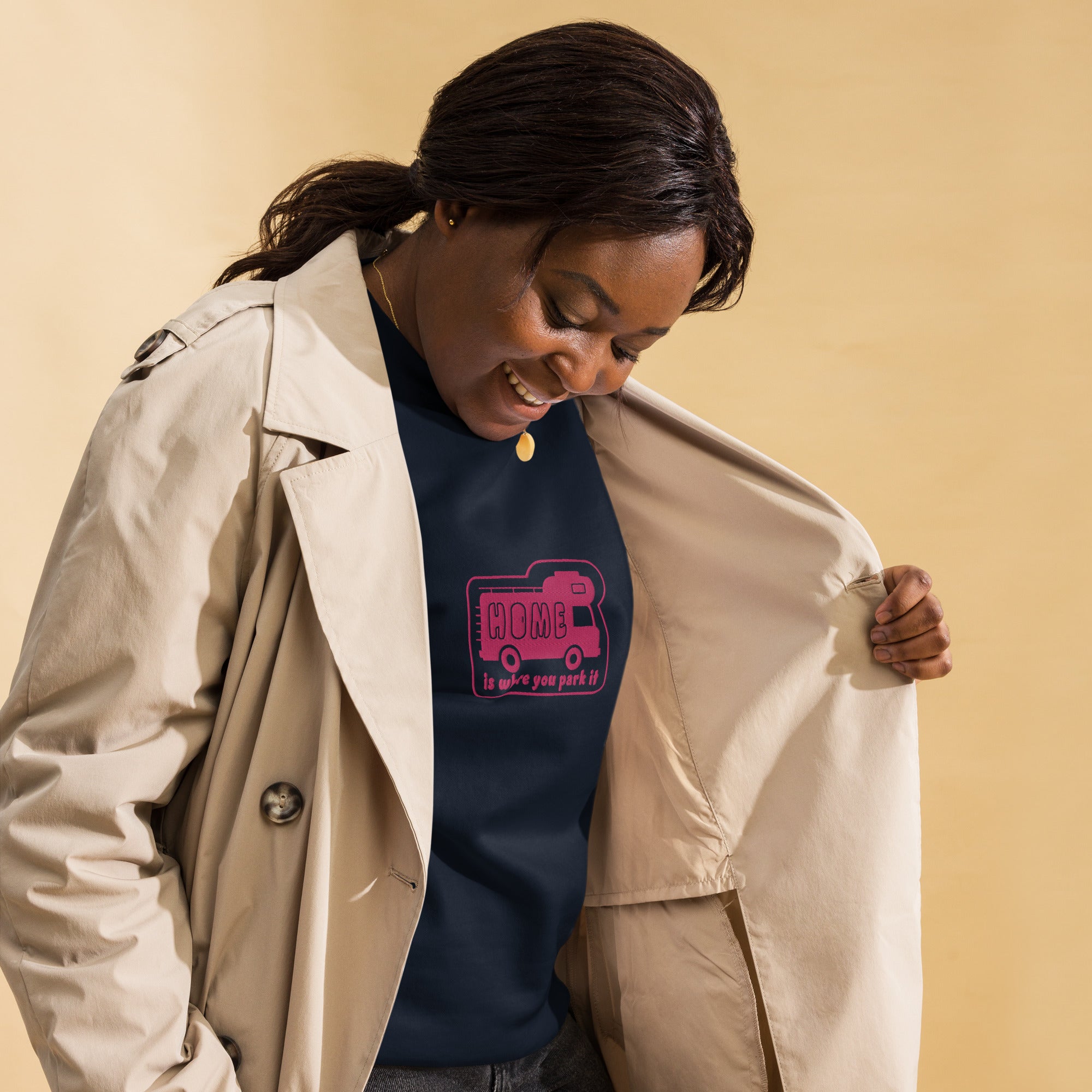 Unisex Premium Sweatshirt Bold Camper Van Home is where you park it flamingo embroidered pattern