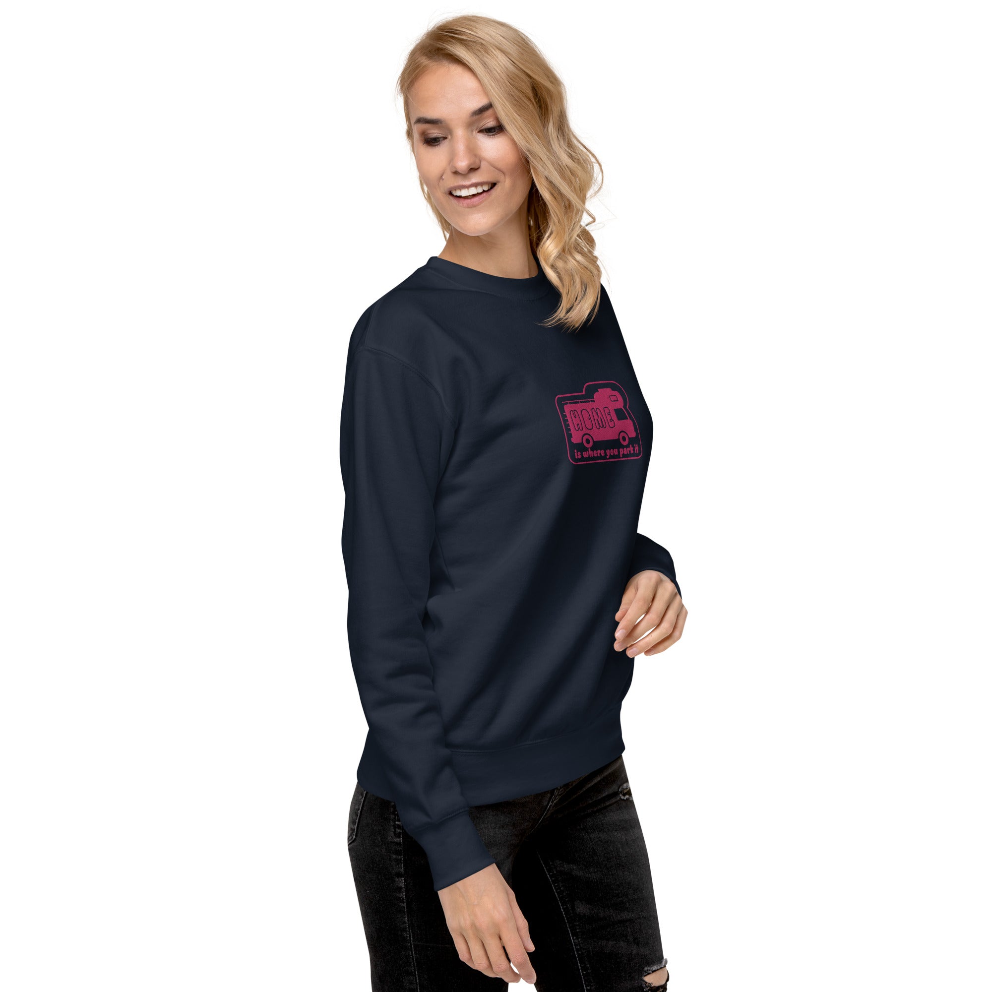 Unisex Premium Sweatshirt Bold Camper Van Home is where you park it flamingo embroidered pattern
