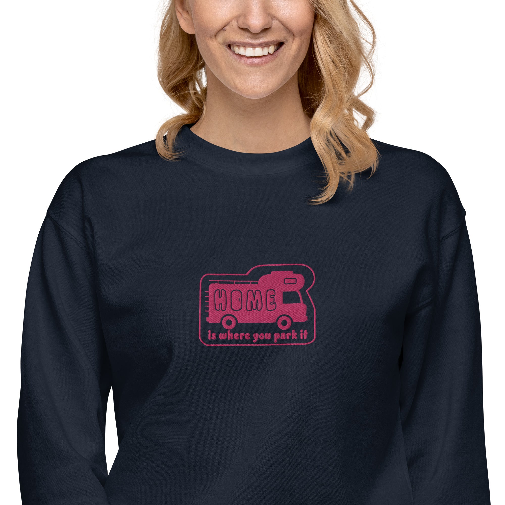 Unisex Premium Sweatshirt Bold Camper Van Home is where you park it flamingo embroidered pattern