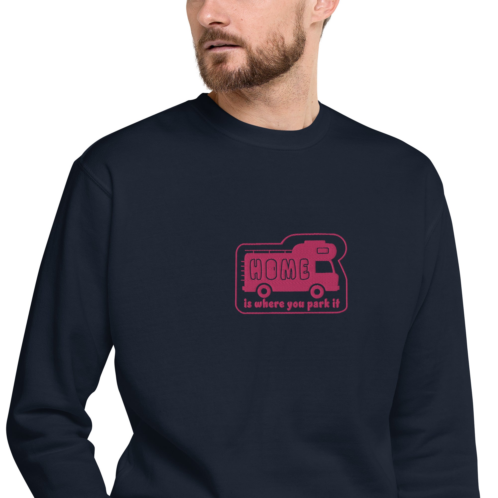 Unisex Premium Sweatshirt Bold Camper Van Home is where you park it flamingo embroidered pattern
