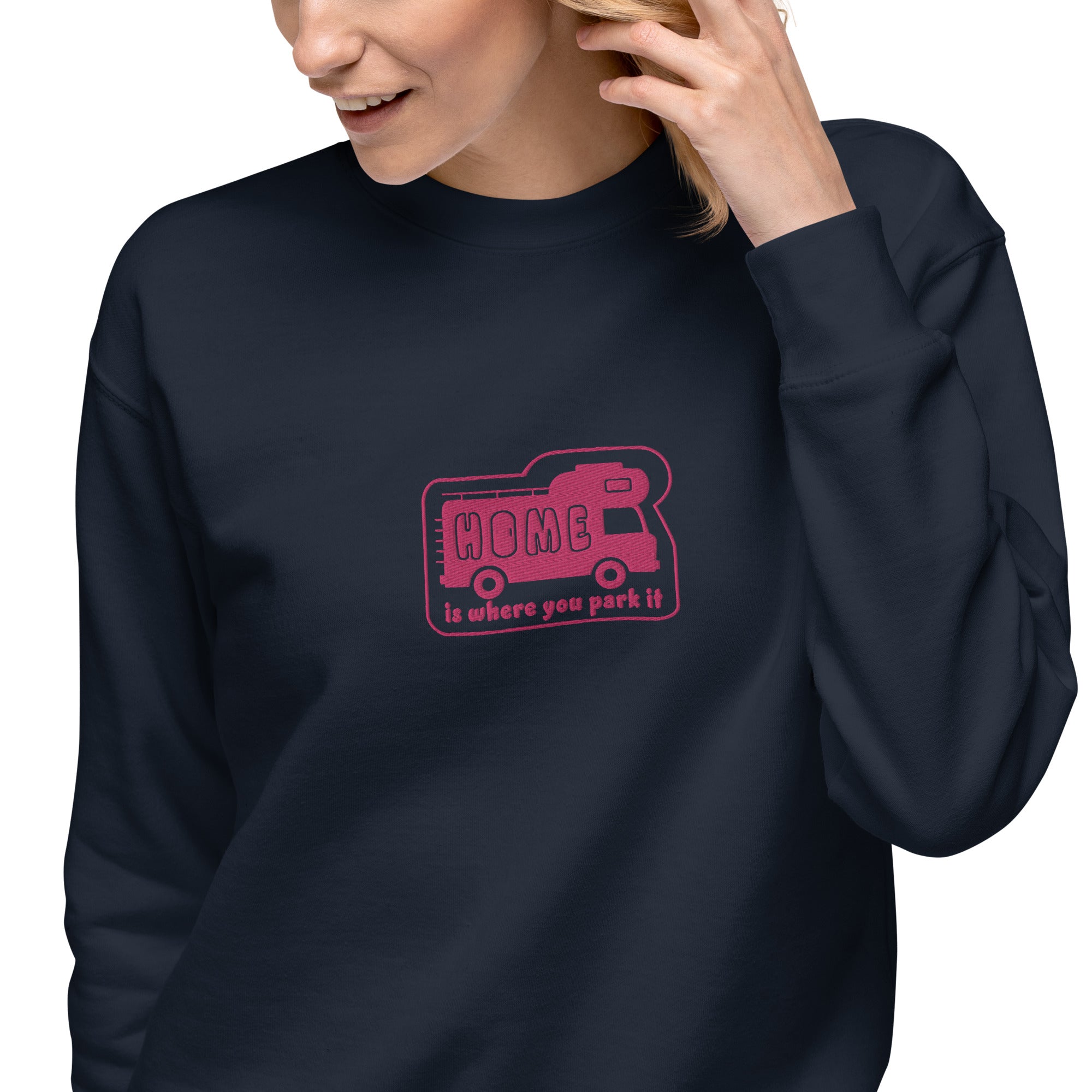 Unisex Premium Sweatshirt Bold Camper Van Home is where you park it flamingo embroidered pattern