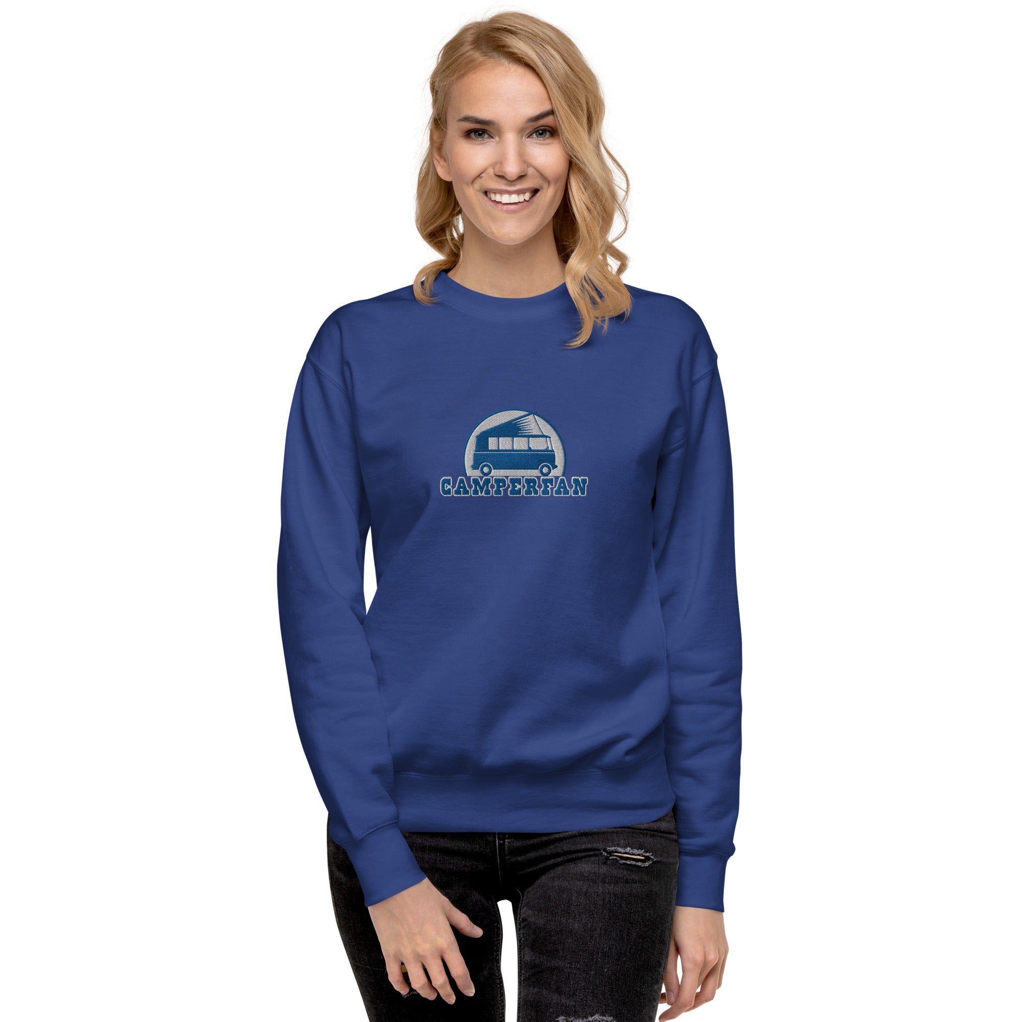 Unisex Premium Sweatshirt Camperfan large blue/white embroidered pattern
