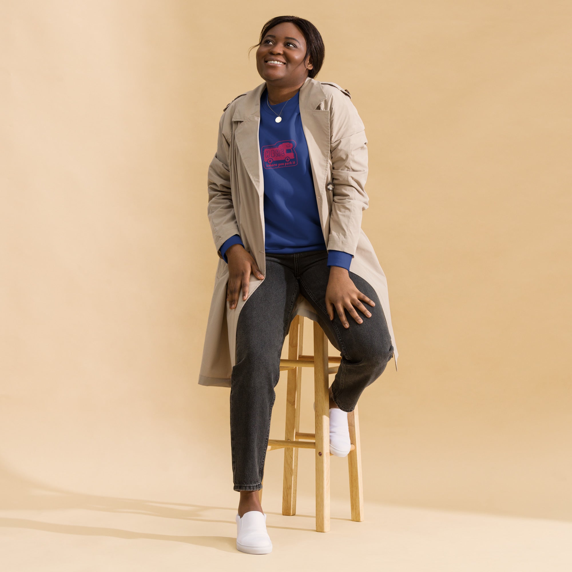 Unisex Premium Sweatshirt Bold Camper Van Home is where you park it flamingo embroidered pattern