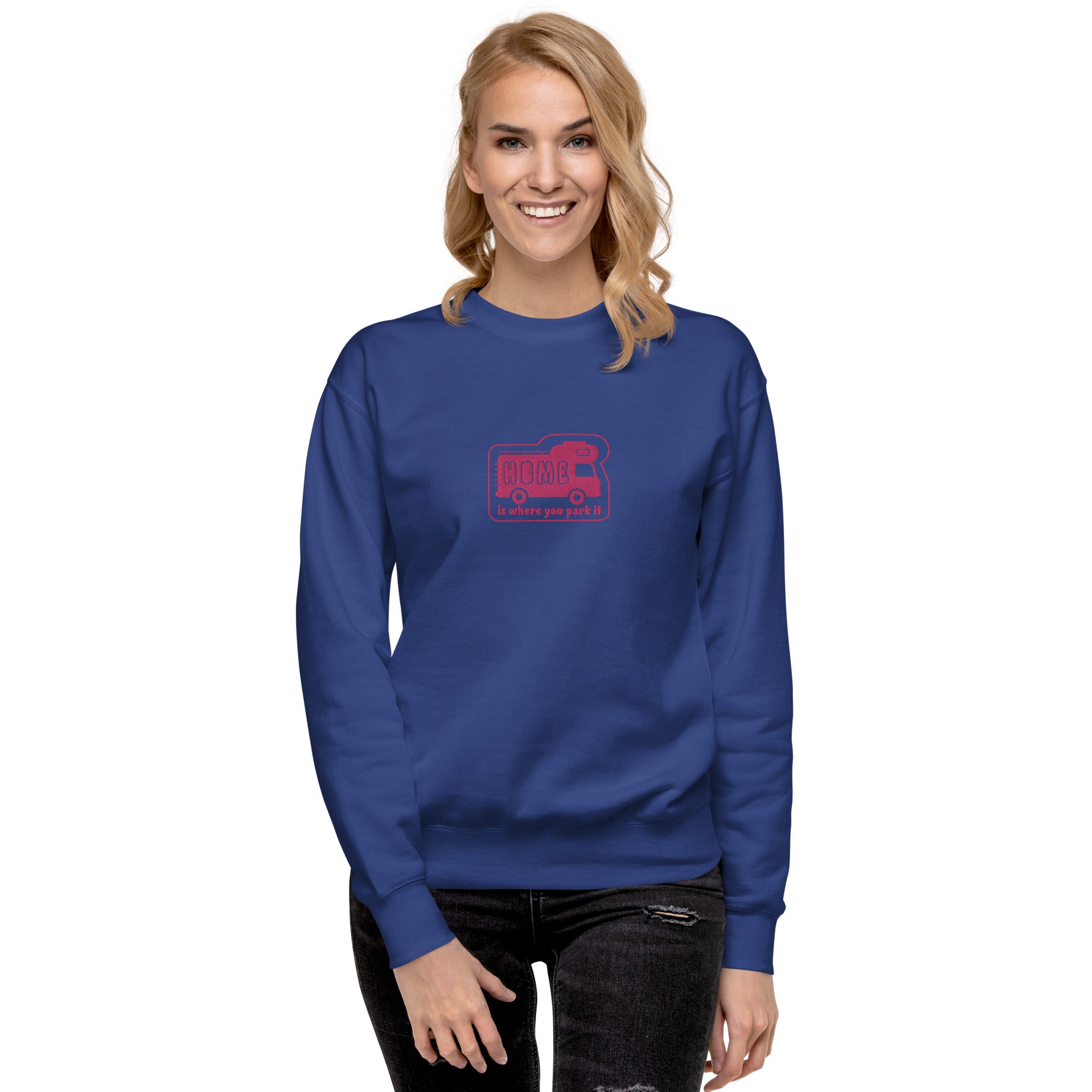 Unisex Premium Sweatshirt Bold Camper Van Home is where you park it flamingo embroidered pattern