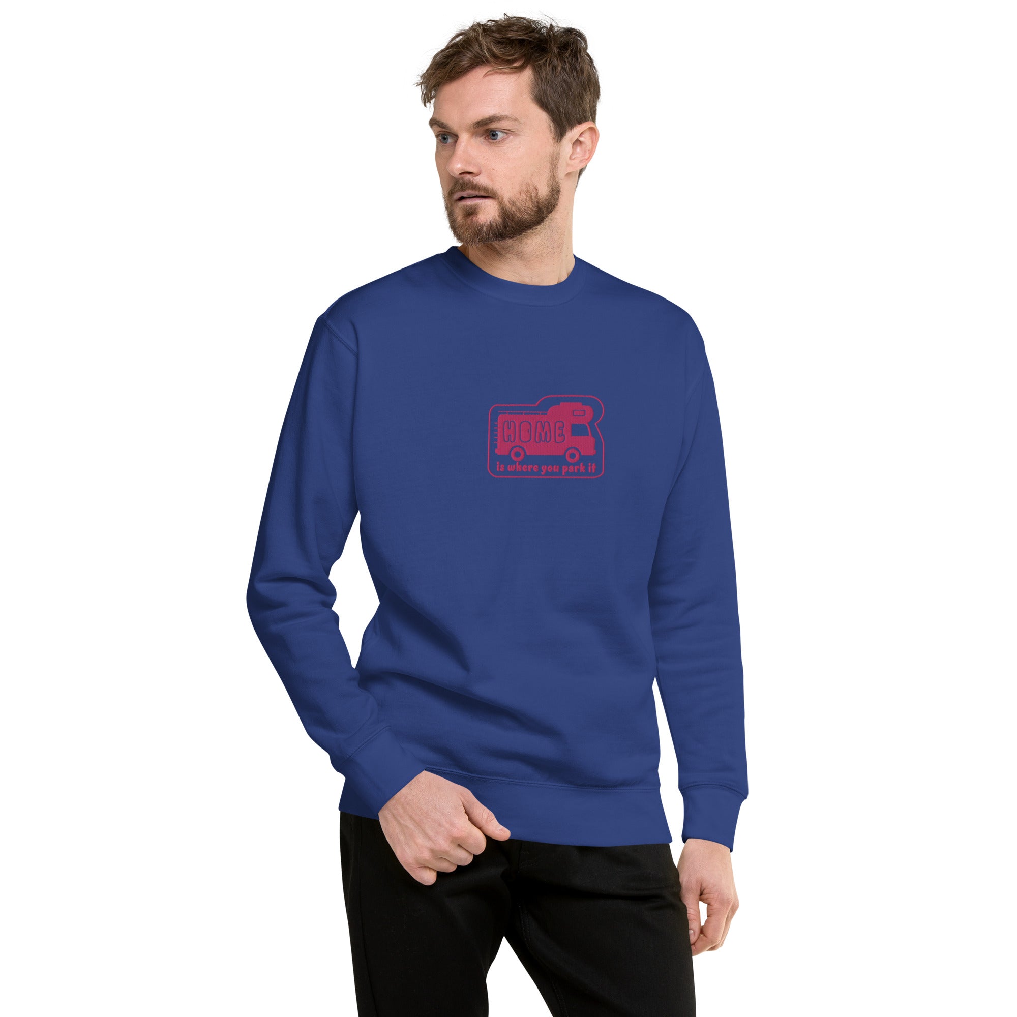 Unisex Premium Sweatshirt Bold Camper Van Home is where you park it flamingo embroidered pattern