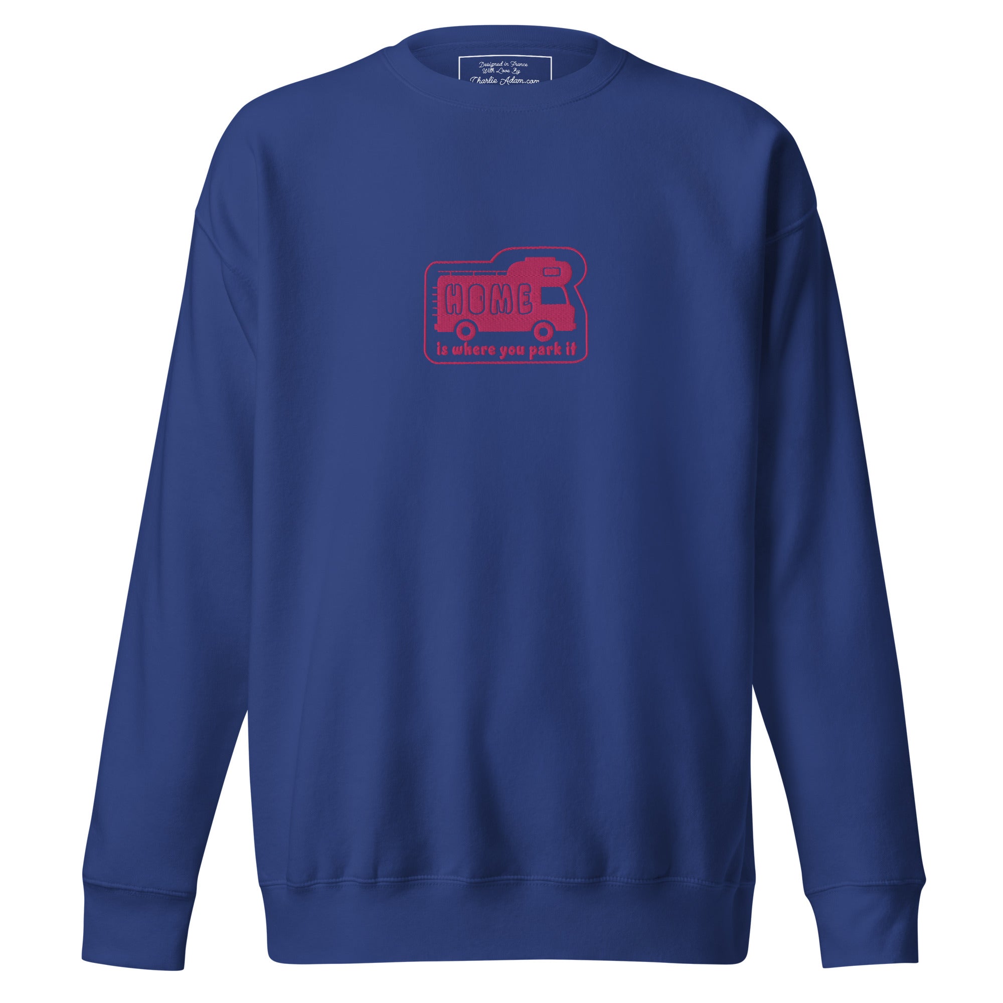 Unisex Premium Sweatshirt Bold Camper Van Home is where you park it flamingo embroidered pattern