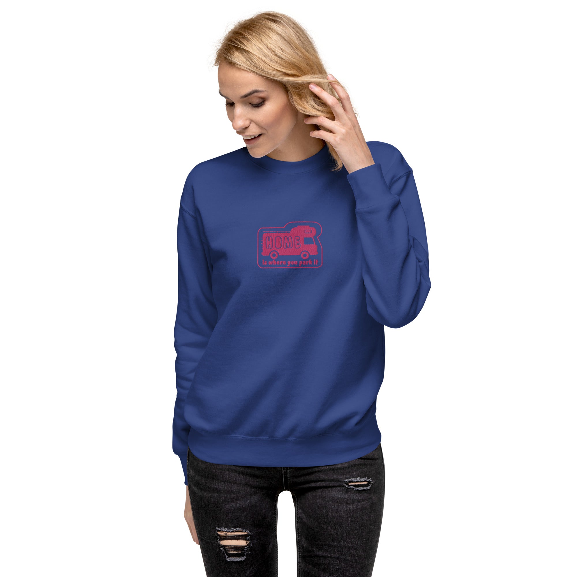 Unisex Premium Sweatshirt Bold Camper Van Home is where you park it flamingo embroidered pattern