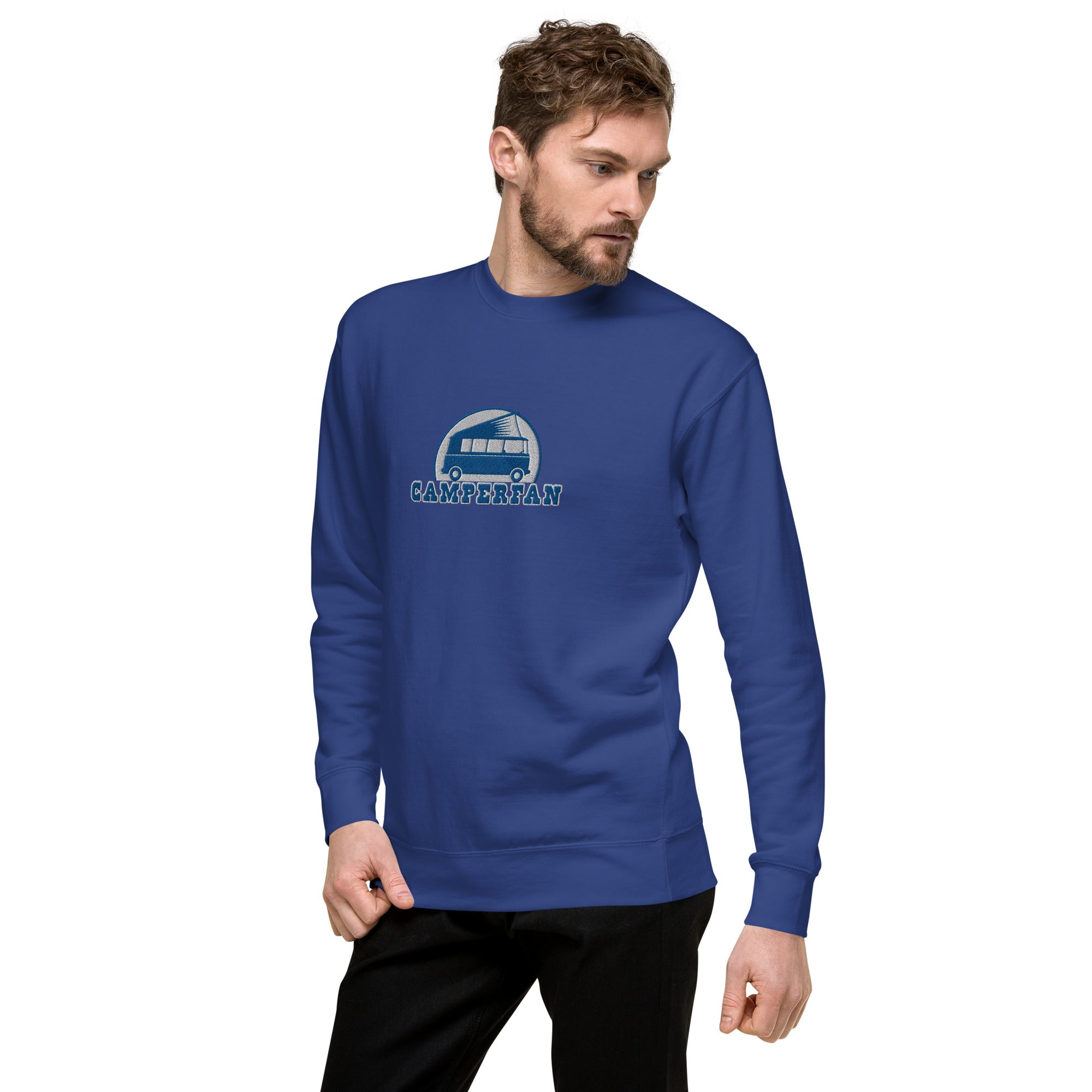 Unisex Premium Sweatshirt Camperfan large blue/white embroidered pattern