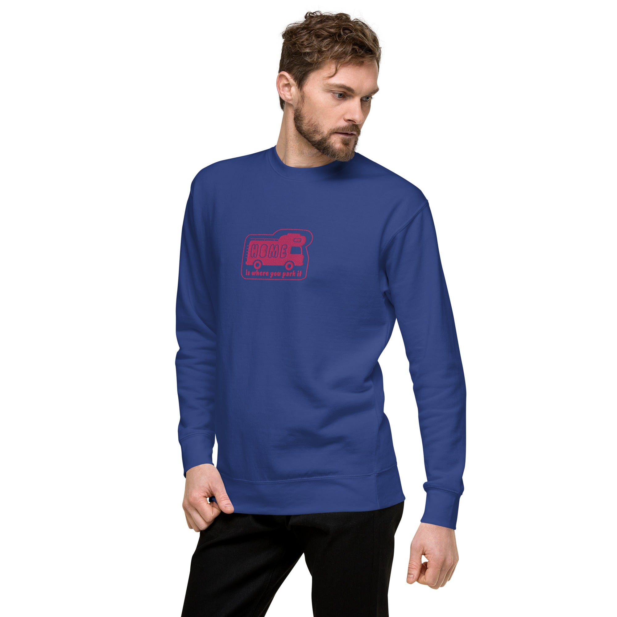 Unisex Premium Sweatshirt Bold Camper Van Home is where you park it flamingo embroidered pattern