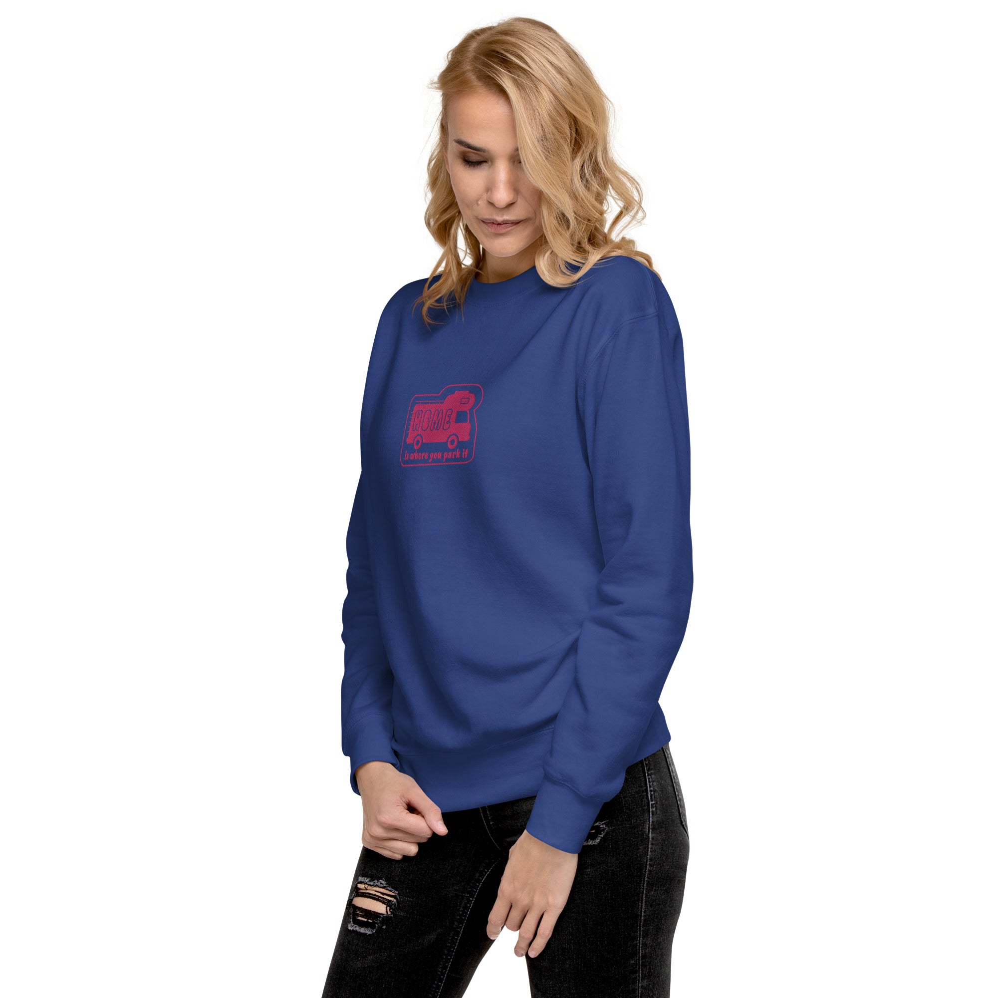 Unisex Premium Sweatshirt Bold Camper Van Home is where you park it flamingo embroidered pattern