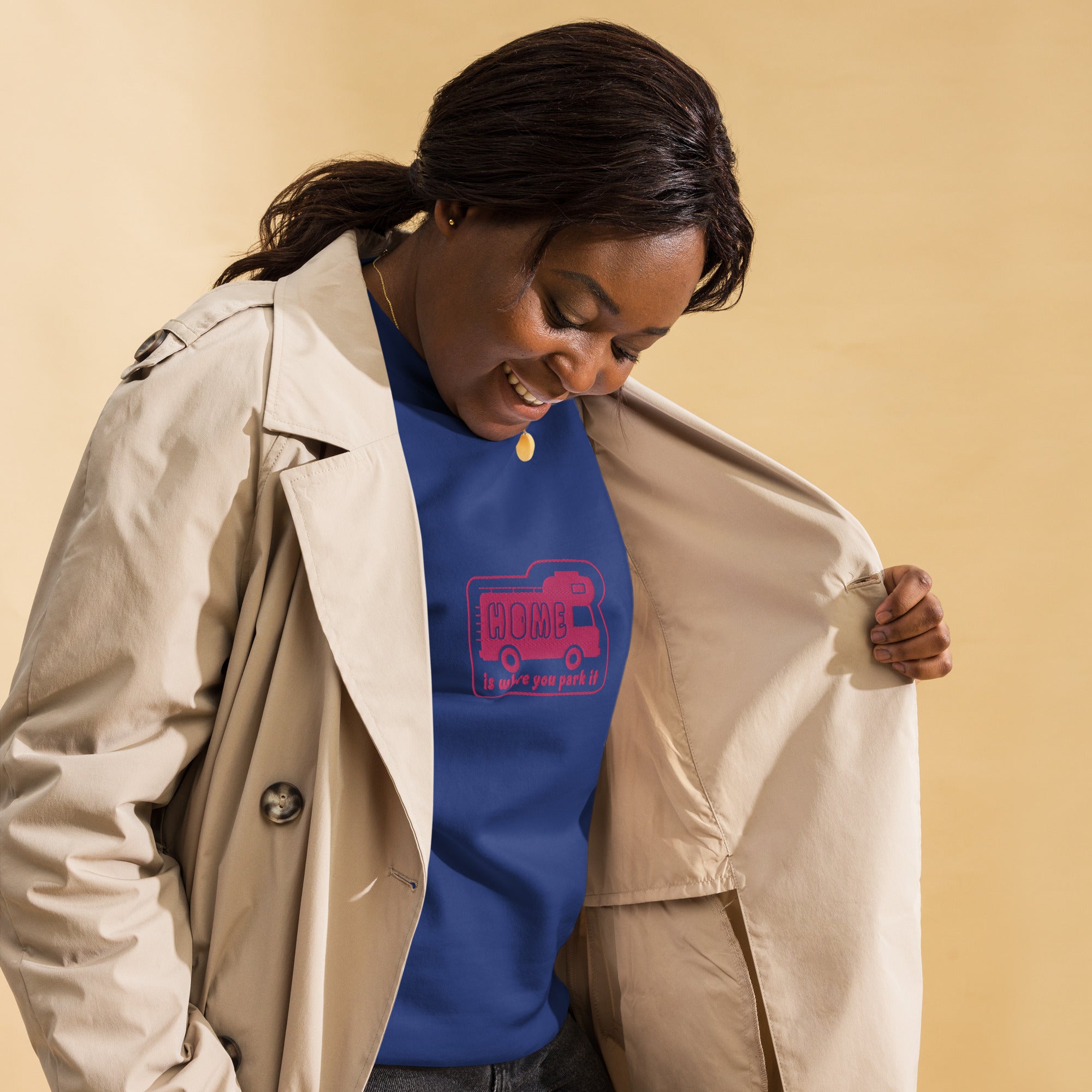 Unisex Premium Sweatshirt Bold Camper Van Home is where you park it flamingo embroidered pattern