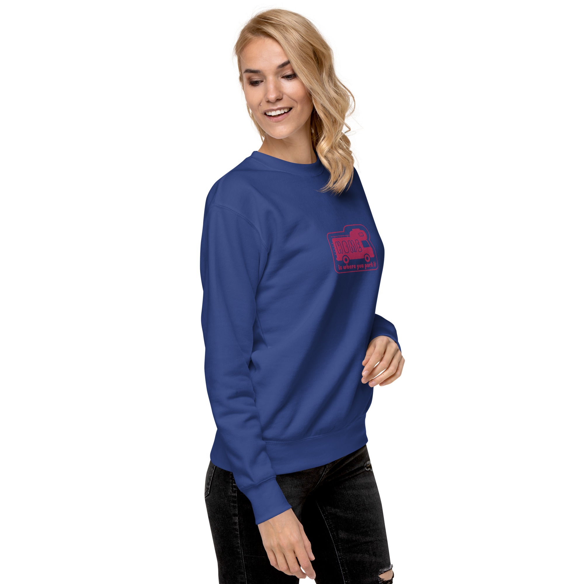 Unisex Premium Sweatshirt Bold Camper Van Home is where you park it flamingo embroidered pattern