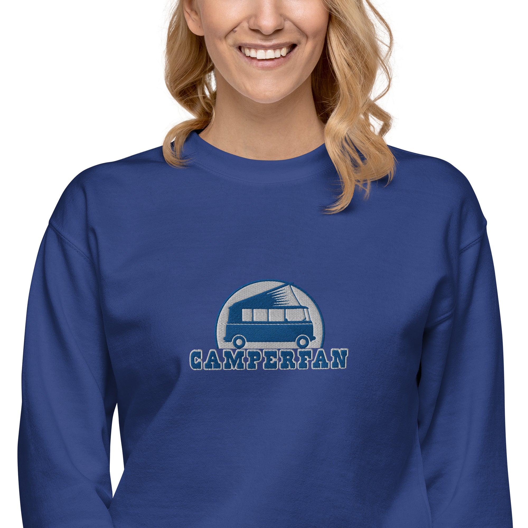 Unisex Premium Sweatshirt Camperfan large blue/white embroidered pattern