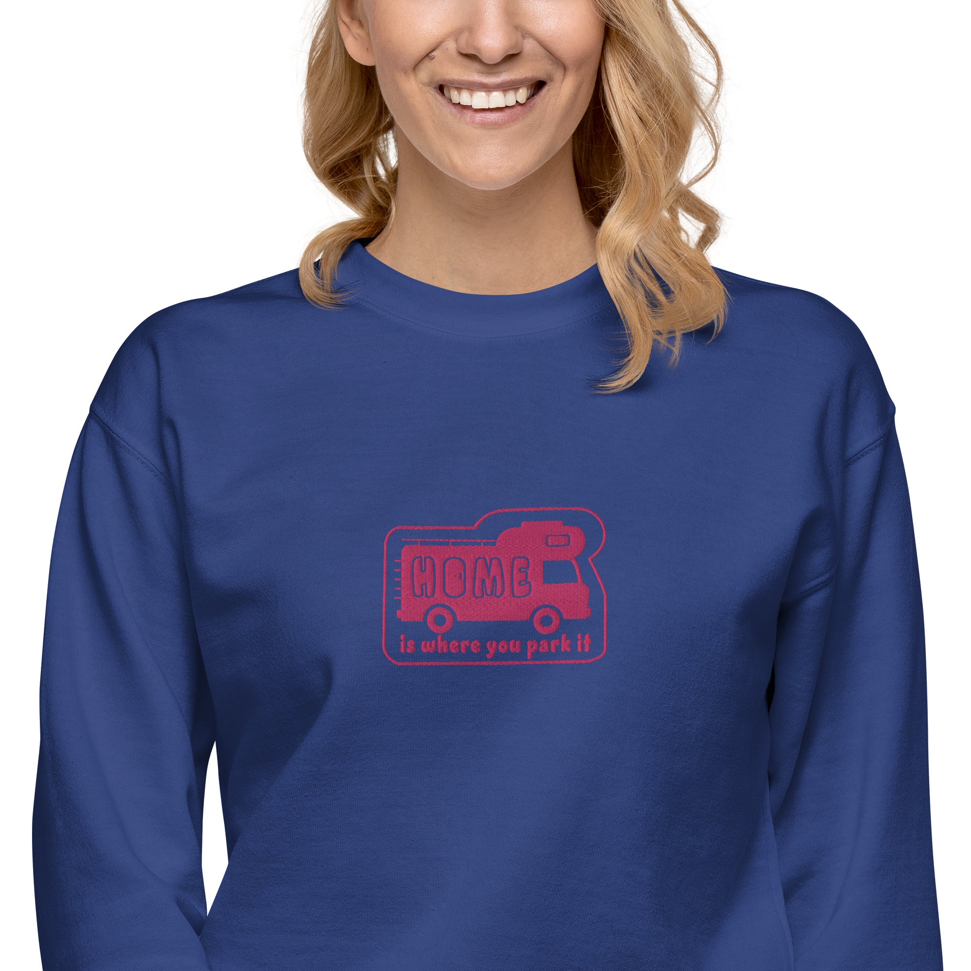 Unisex Premium Sweatshirt Bold Camper Van Home is where you park it flamingo embroidered pattern