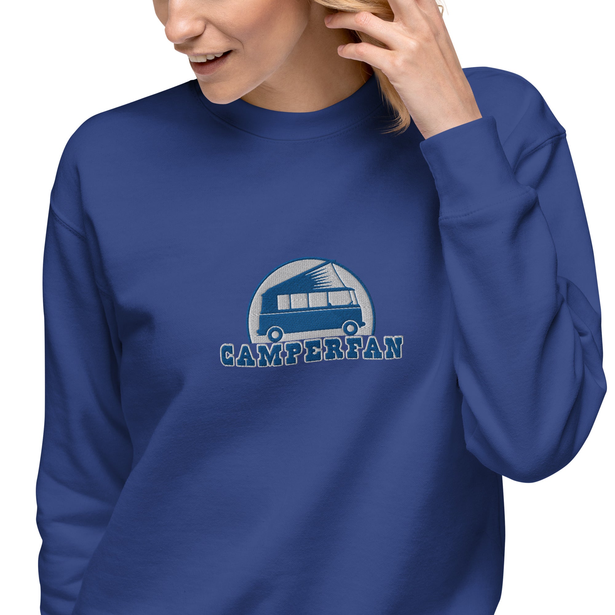 Unisex Premium Sweatshirt Camperfan large blue/white embroidered pattern